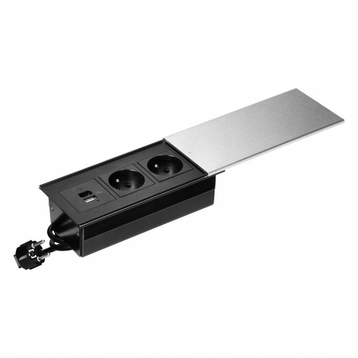 Nábytková zásuvka s posuvným vekom, 2x2P+Z (French), Usb A+c, strieborná