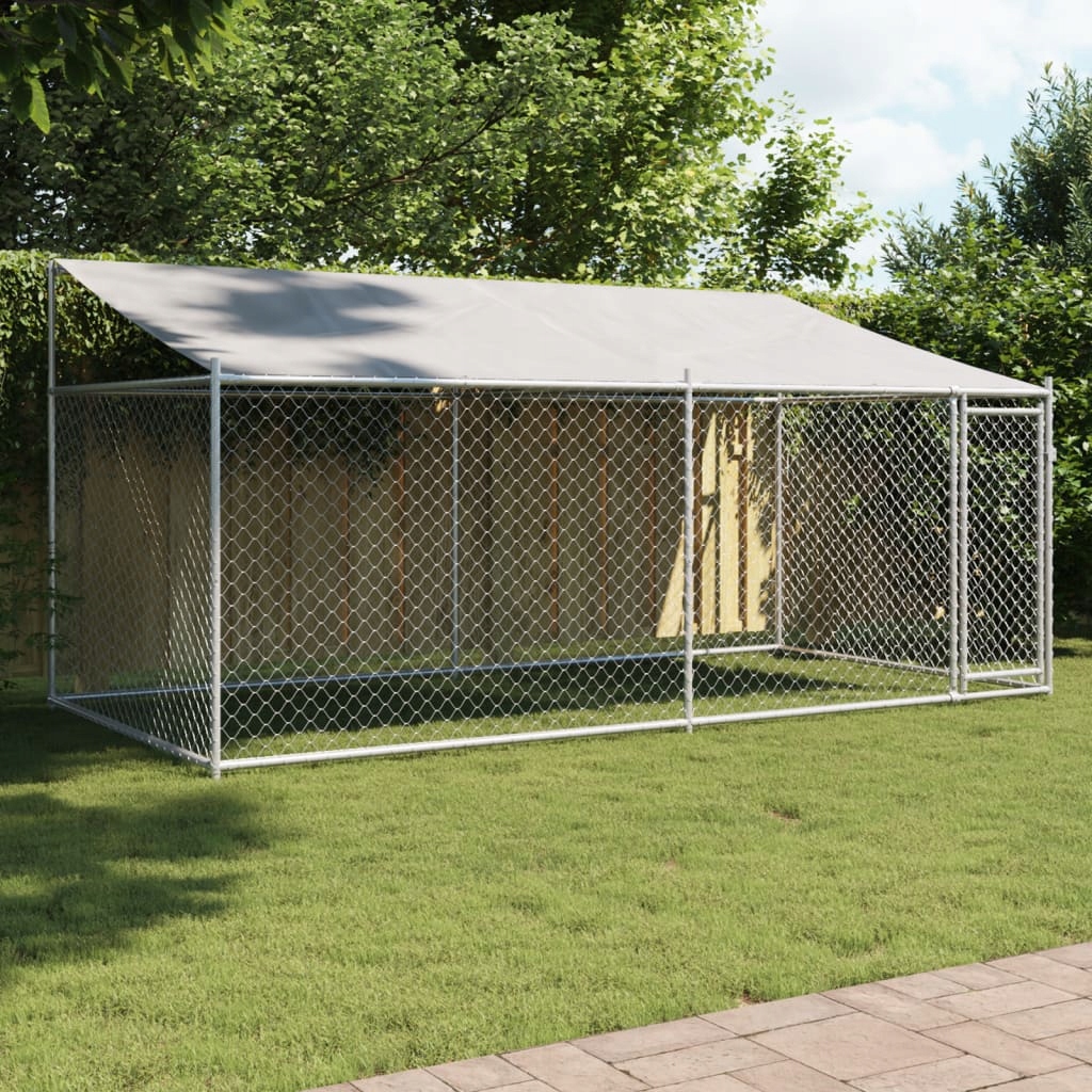 Levně Klec pro psy se střechou a dvířky šedá 4x2x2 m pozinkovaná ocel