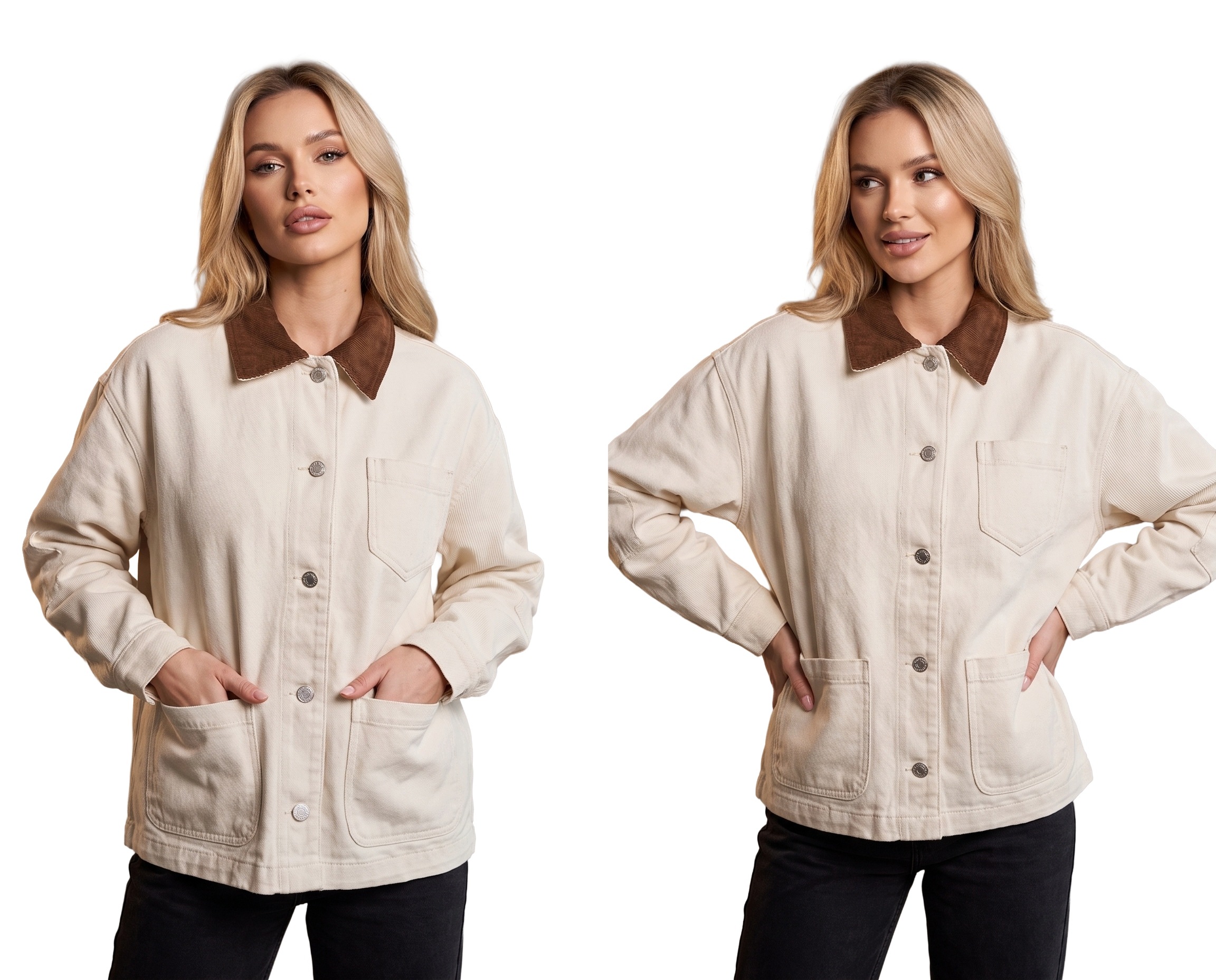 Dámská oversize džínová bunda se zapínáním na knoflíky a kapsami, béžová, velikost M/L