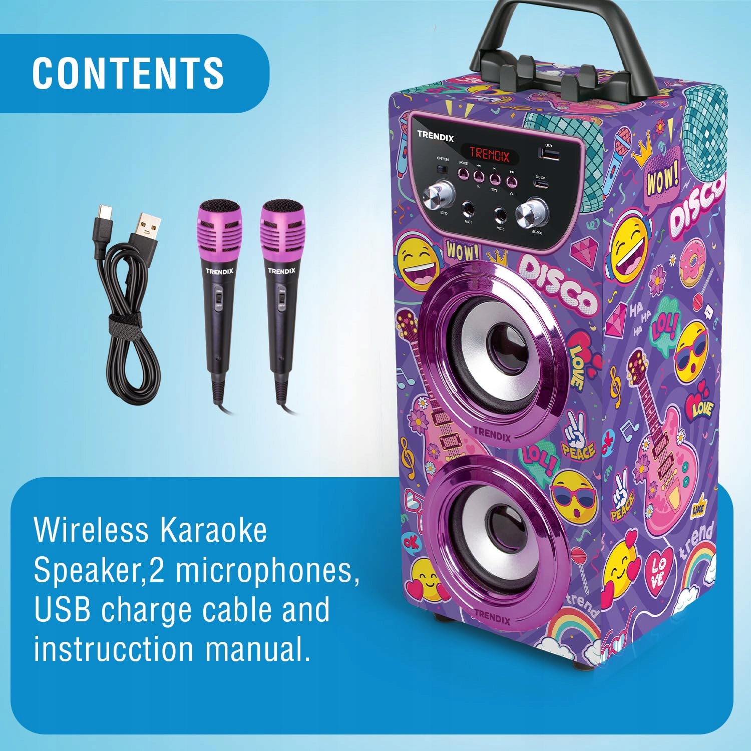 TRENDIX Karaoke Dla Dzieci Różowy Zestaw Z 2 Mikrofonami USB Bluetooth — miniatura 3