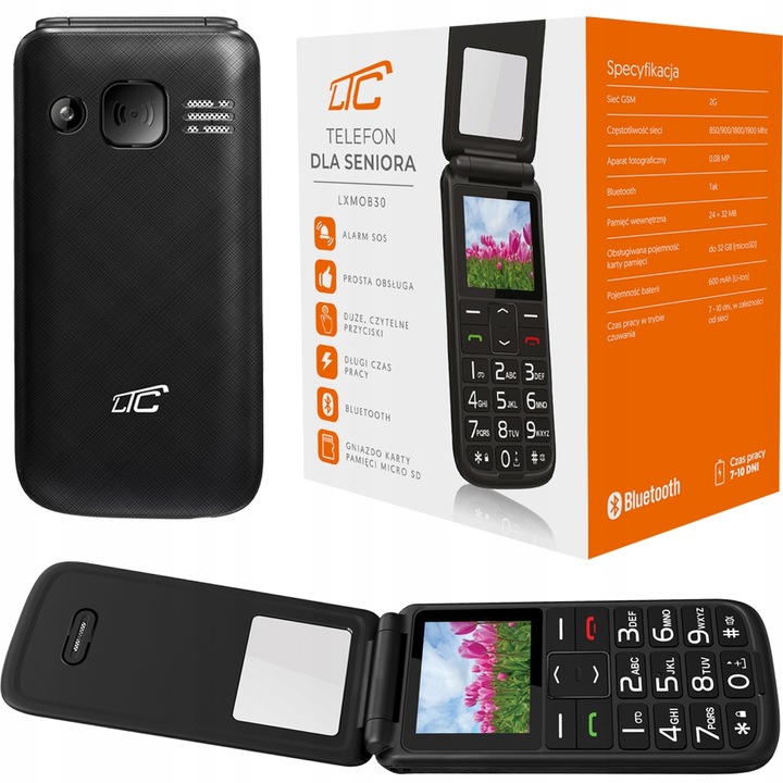 TELEFON LTC DLA SENIORA GŁOŚNY PRZYCISK SOS DUŻE KLAWISZE Z KLAPKĄ USB-C Wbudowana pamięć 32 MB