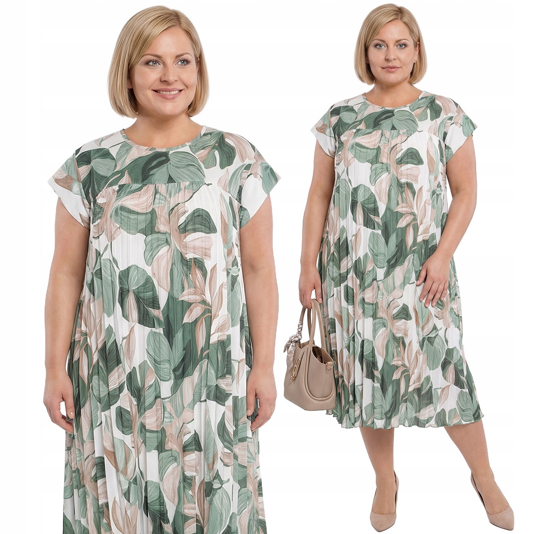 Šaty zeleno-béžové listy plus size velikost 52/54