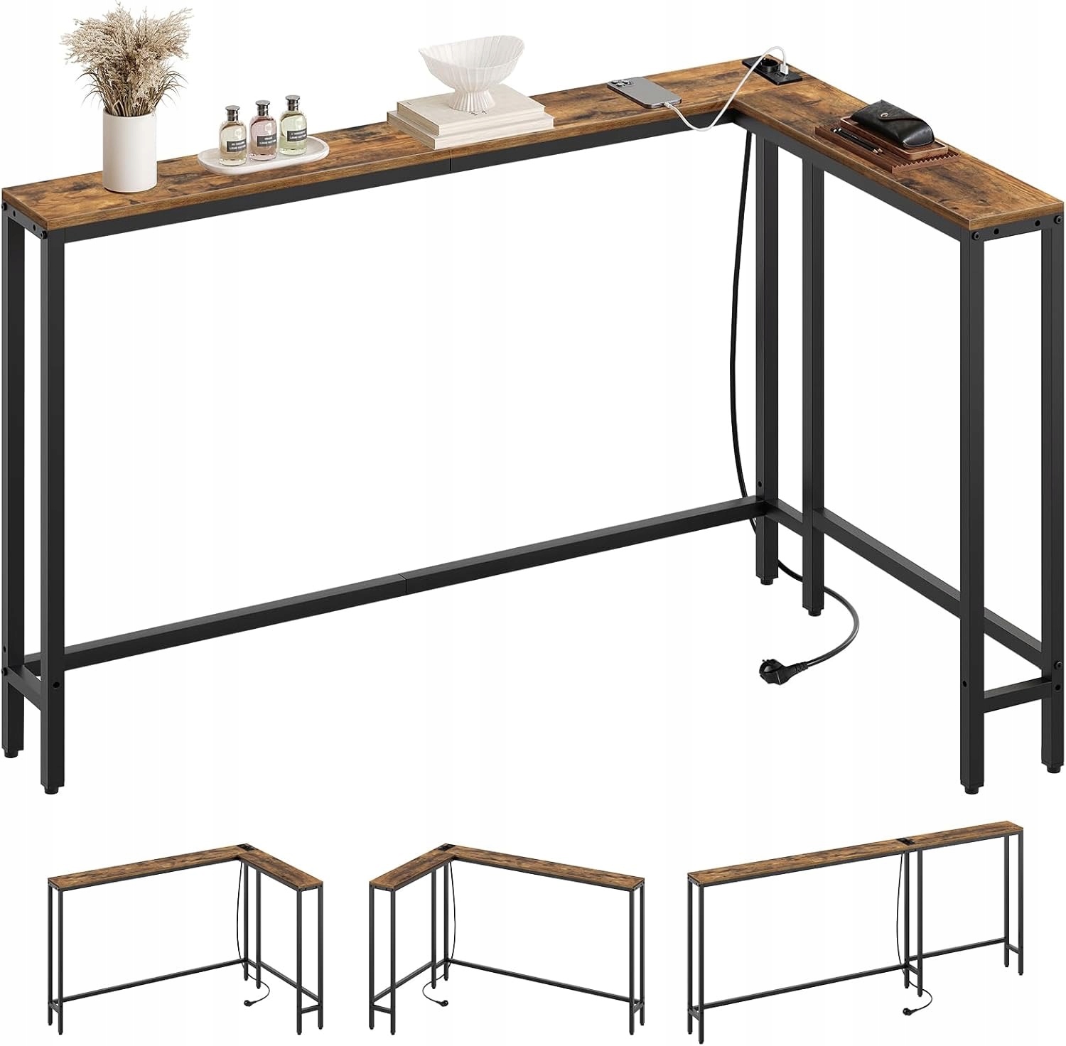 wąska konsola loft do przedpokoju 180 cm z gniazdkiem i usb brązowy