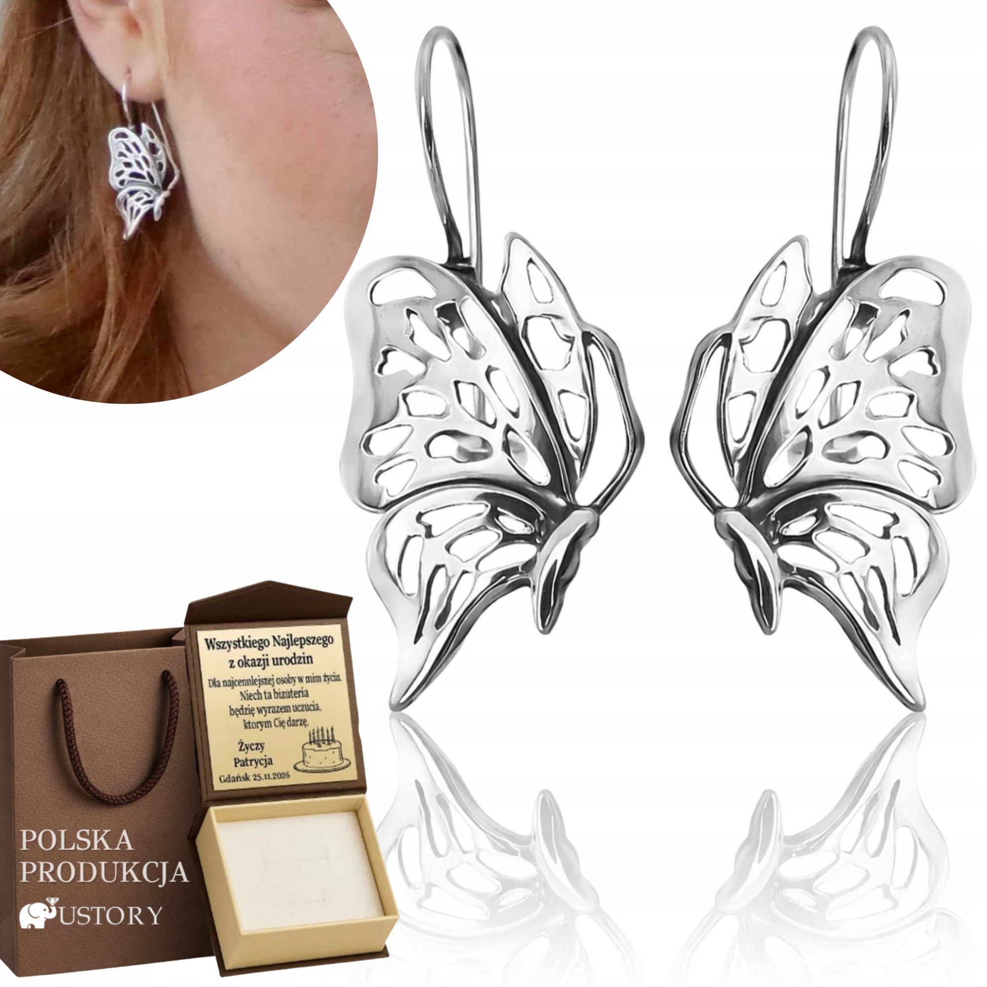 Stříbrné Náušnice Motýli Závěsné Motýlky Stříbro 925 Bižuterní Dárek Gravírování