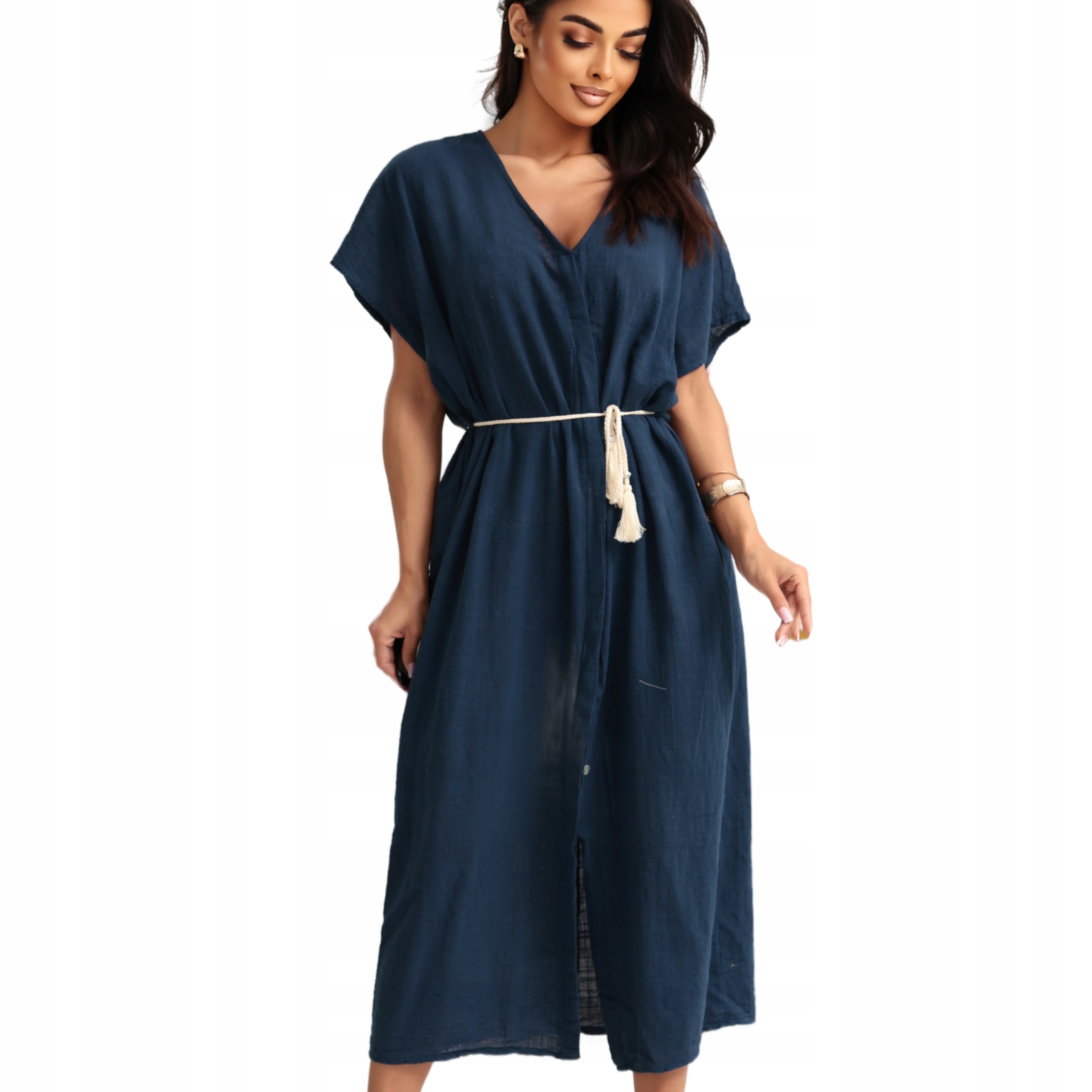 Šaty letní volná midi bavlněná rozepínací plážová přikrývka námořnická modrá XL