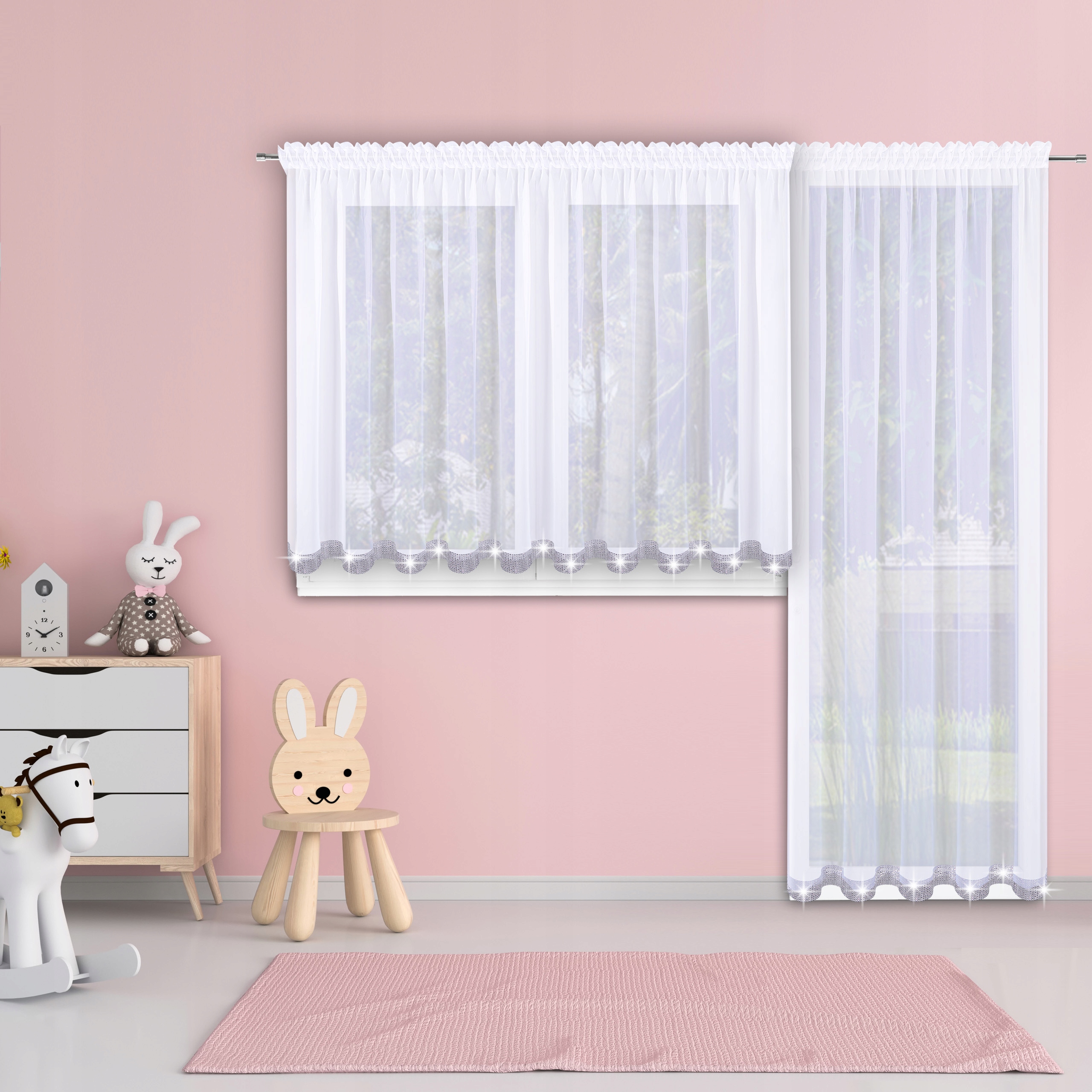 ZESTAW FIRAN NA OKNO BALKONOWE Z WOALU Z CYRKONAMI Materiał woal