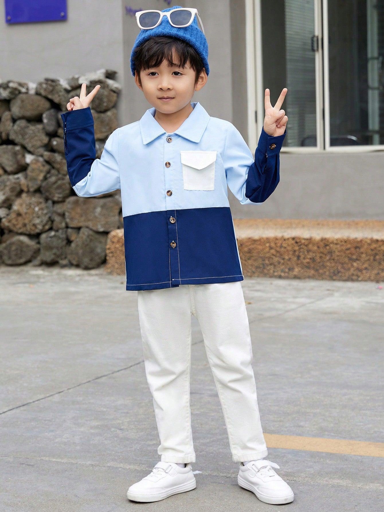 RĘKAW KIESZEŃ KOŁNIERZYK SHEIN 110 DWUKOLOROWA KOSZULA GŁADKA DŁUGI Rozmiar (new) 110 (105 - 110 cm)