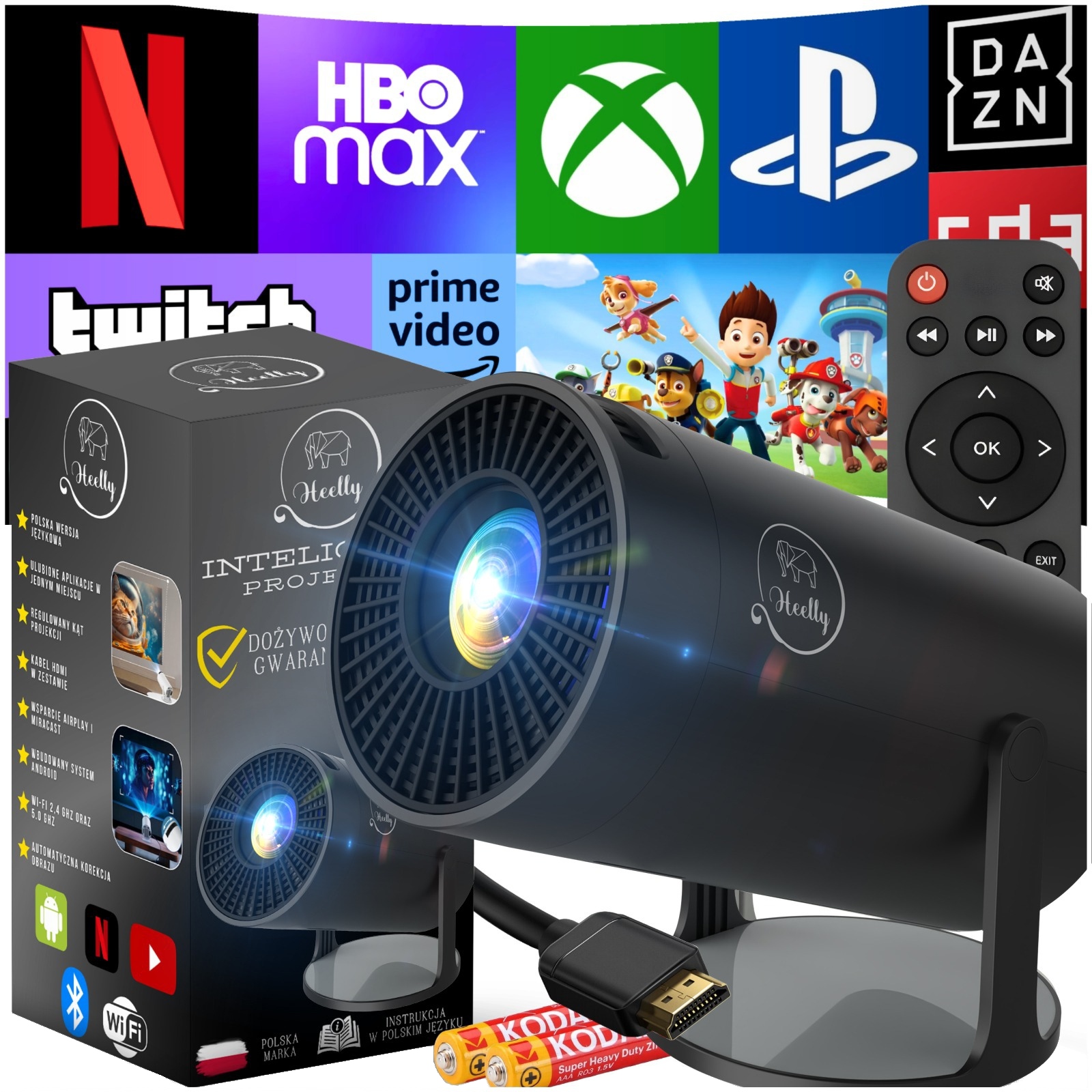 Projektor Rzutnik Android Tv Wifi Mini 4K Przenośny Smart Czarny Obrotowy