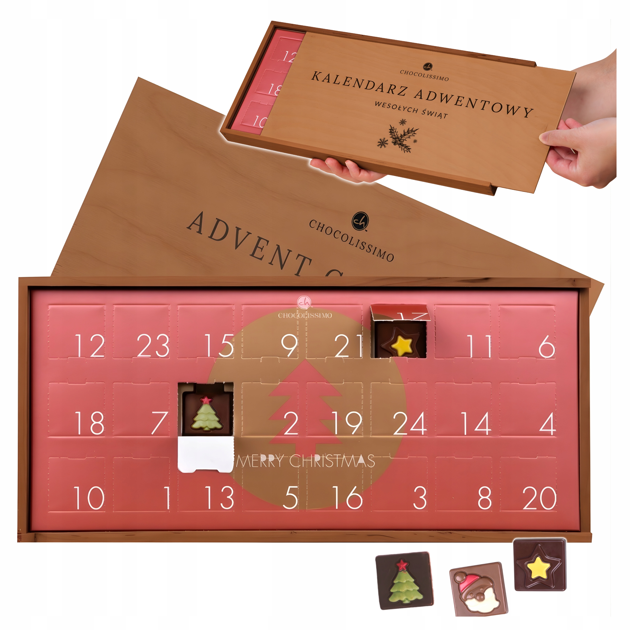 Adventní kalendář s čokoládou, belgická čokoláda, elegantní dřevěný