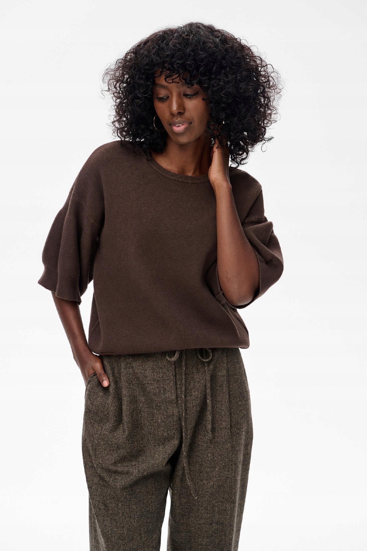 Dámský svetr s 3/4 rukávem, hnědý S7036 blue shadow vel. Univerzální