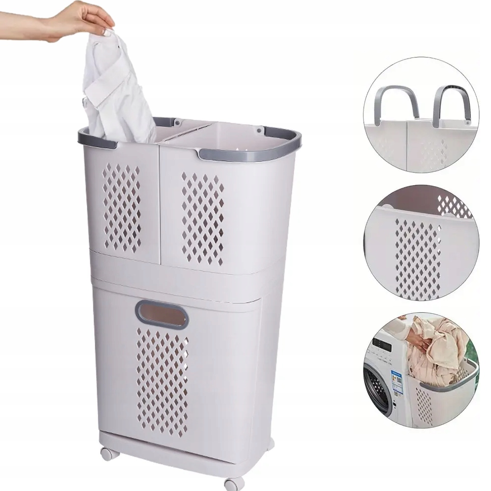 Koš na prádlo 3 komory skládací s kolečky, organizér, třídič spodního prádla