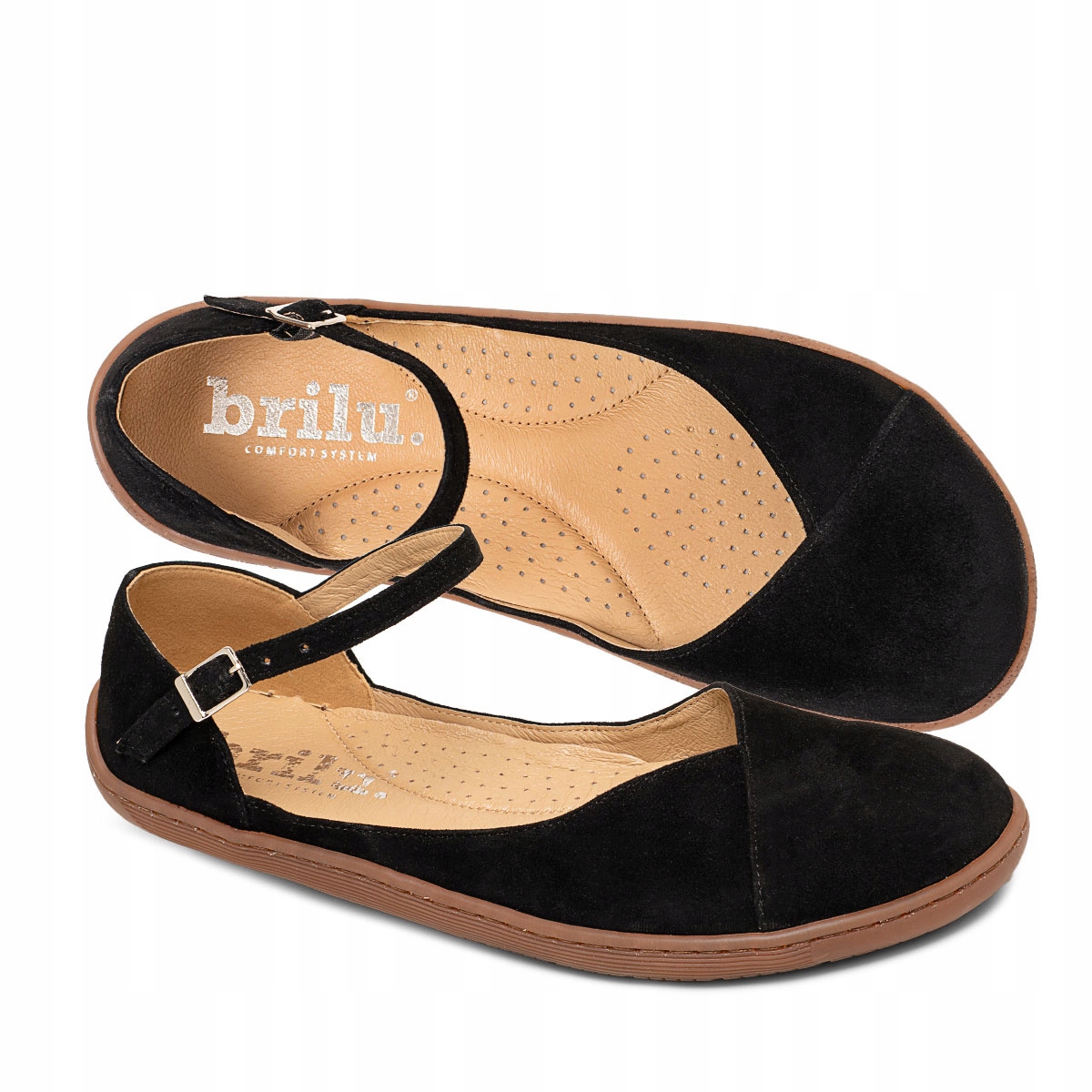 Brilu Polskie Damskie Skórzane Baleriny Z Paskiem Barefoot Ellen Czarne 37