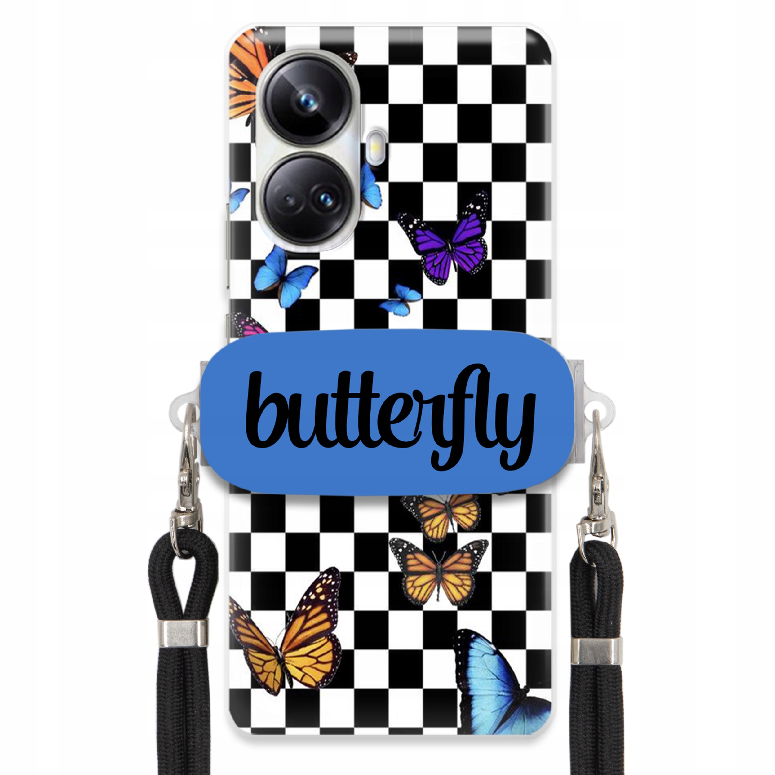 Puzdro Pre Realme 10 Pro Plus 5G Puzdro S Obdĺžnikovým Držiakom, Čierne Vodítko, Butterfly