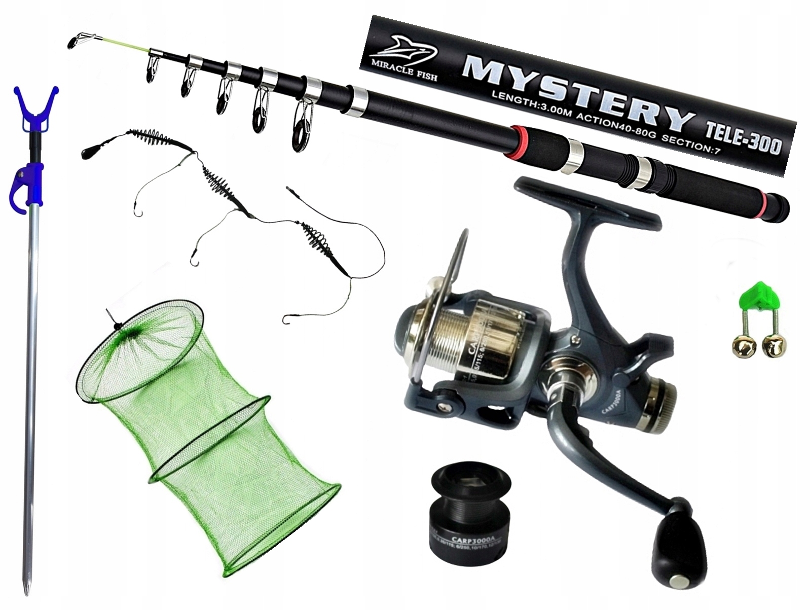 WĘDKA MYSTERY 300cm. + CARP 3000A + AKCESORIA.