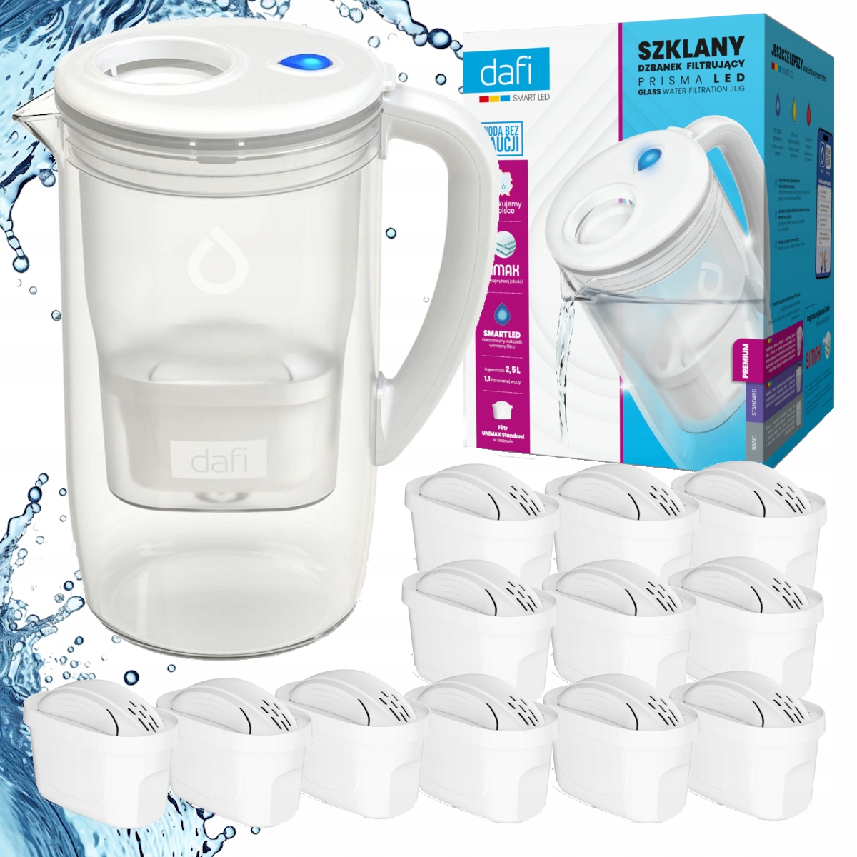 Skleněná filtrační konvice Dafi Prisma Led bílá 12 x vložka Unimax