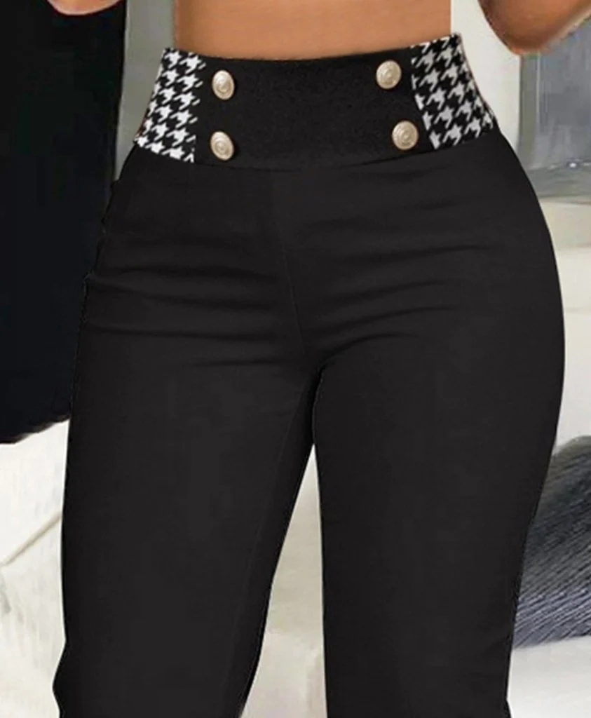Damskie Spodnie Z Krepy We Wzór W Pepitkę I Ozdobnymi Guzikami Czarny / 2XL Rozmiar 2XL/3XL