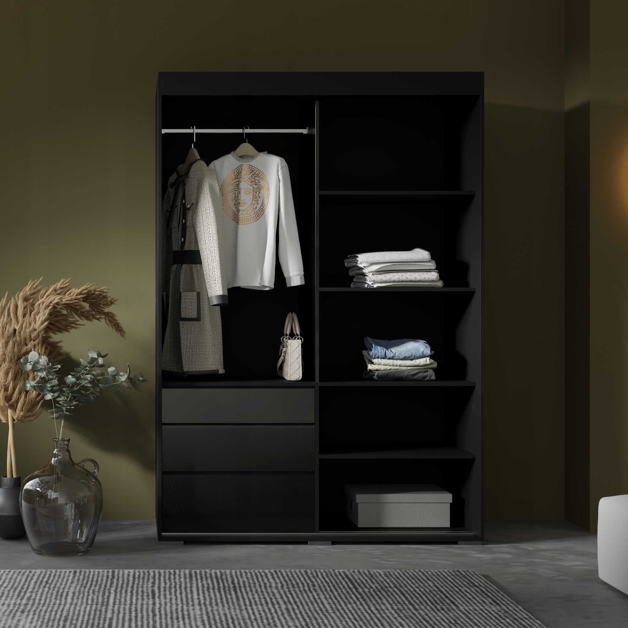 Szafa przesuwna z szufladami Torino 2D 140 Czarna (lacobel)