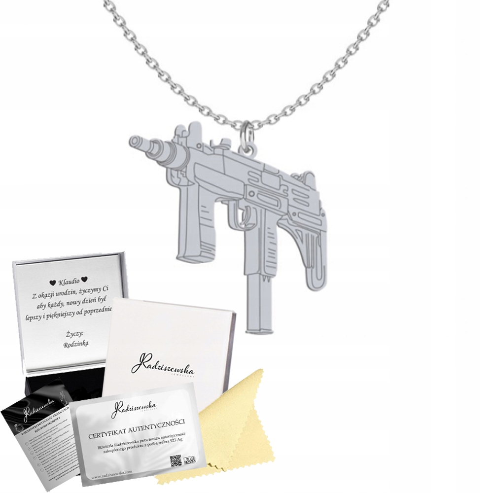 Stříbrný Řetízek Uzi Kulomet Stříbro 925 Dárek Gravírování Přání