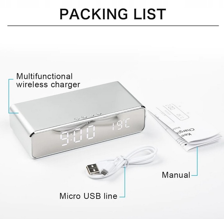 CYFROWY BUDZIK ZEGAR INDYKCYJNA ŁADOWARKA BEZPRZEWODOWA DO TELEFONU QI Prąd wyjściowy 1000 mA