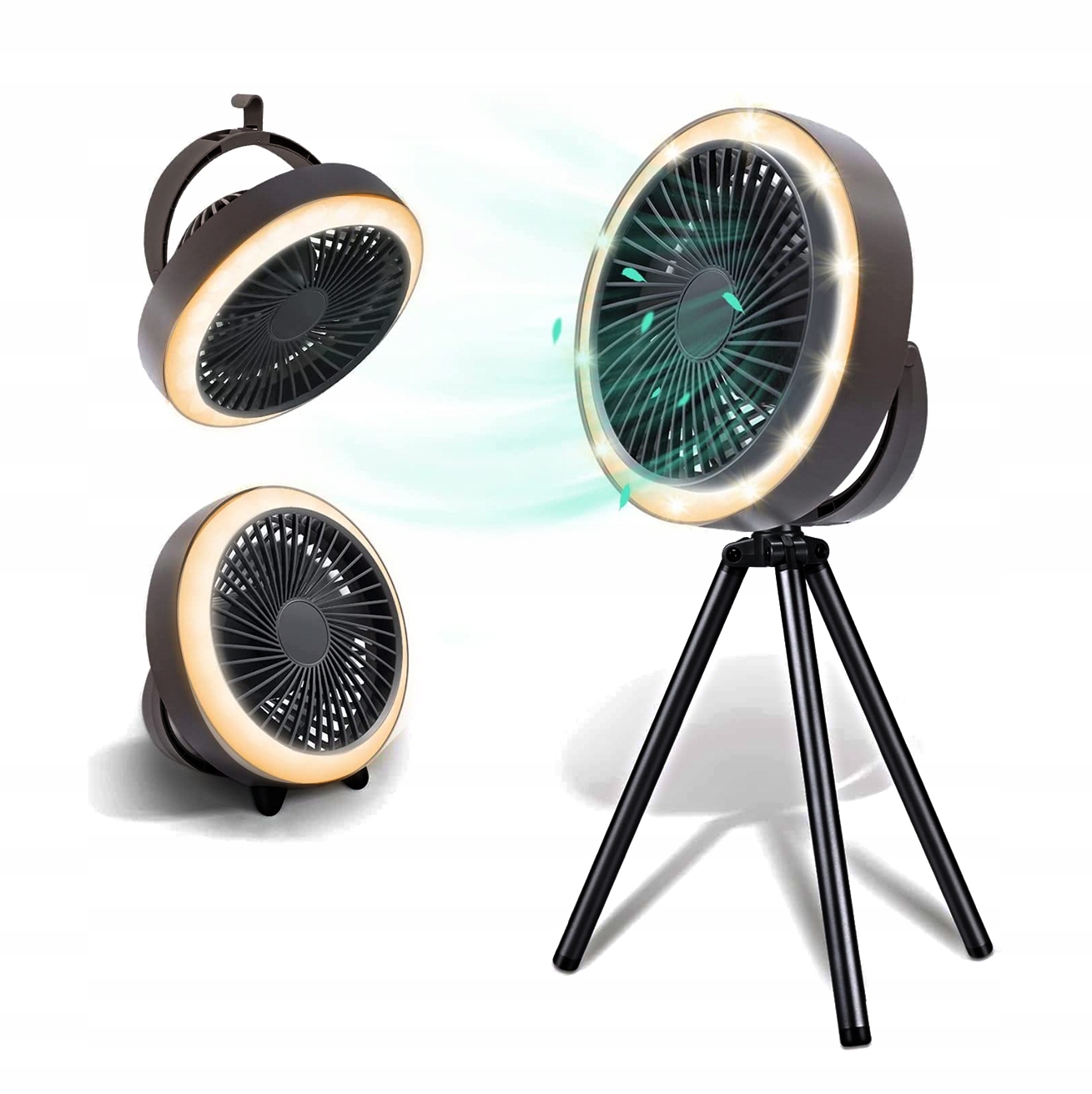 Wiatrak stojący wiszący Led Lampka 3w1 PowerBank Wentylator Ogrodowy Szary