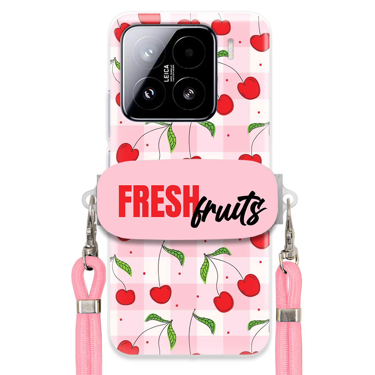 Puzdro pre Xiaomi 15 Case držiak na šnúrku Ružový Fresh Fruits Mriežka Ovocie