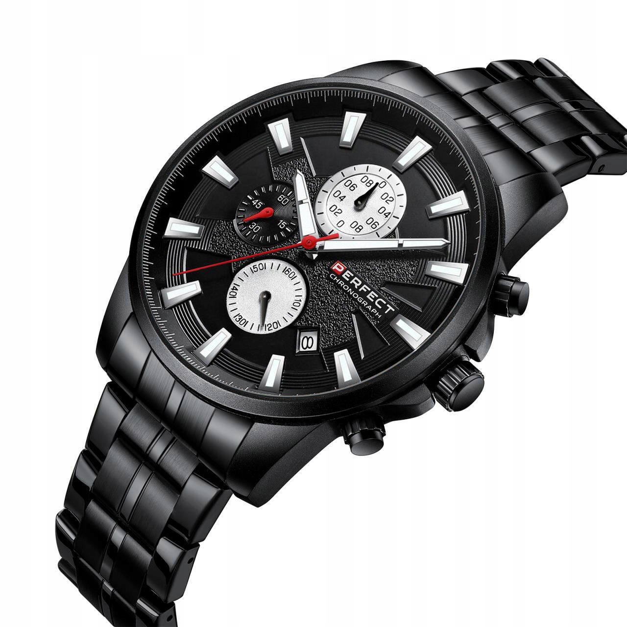 Pánské Sportovní Černé Hodinky Perfect Chronograf Stoper M503CH-06 47 mm