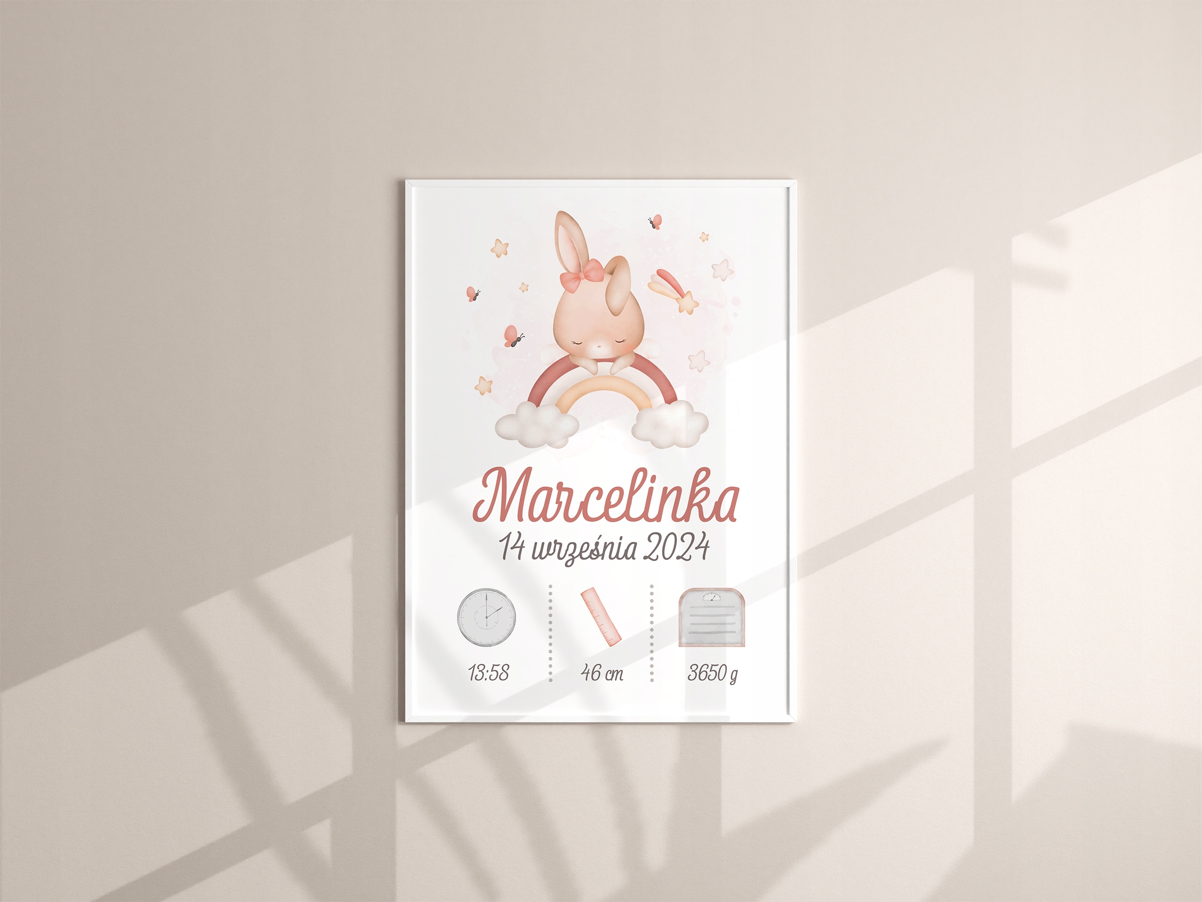 Metryczka dla dziewczynki A4 Pamiątka narodzin Prezent dla maluszka W RAMCE Marka bez marki