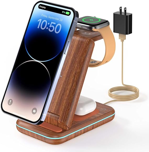 GEEKERA Drewniana Bezprzewodowa Ładowarka 3w1 iPhone Apple Watch AirPods — miniatura 8