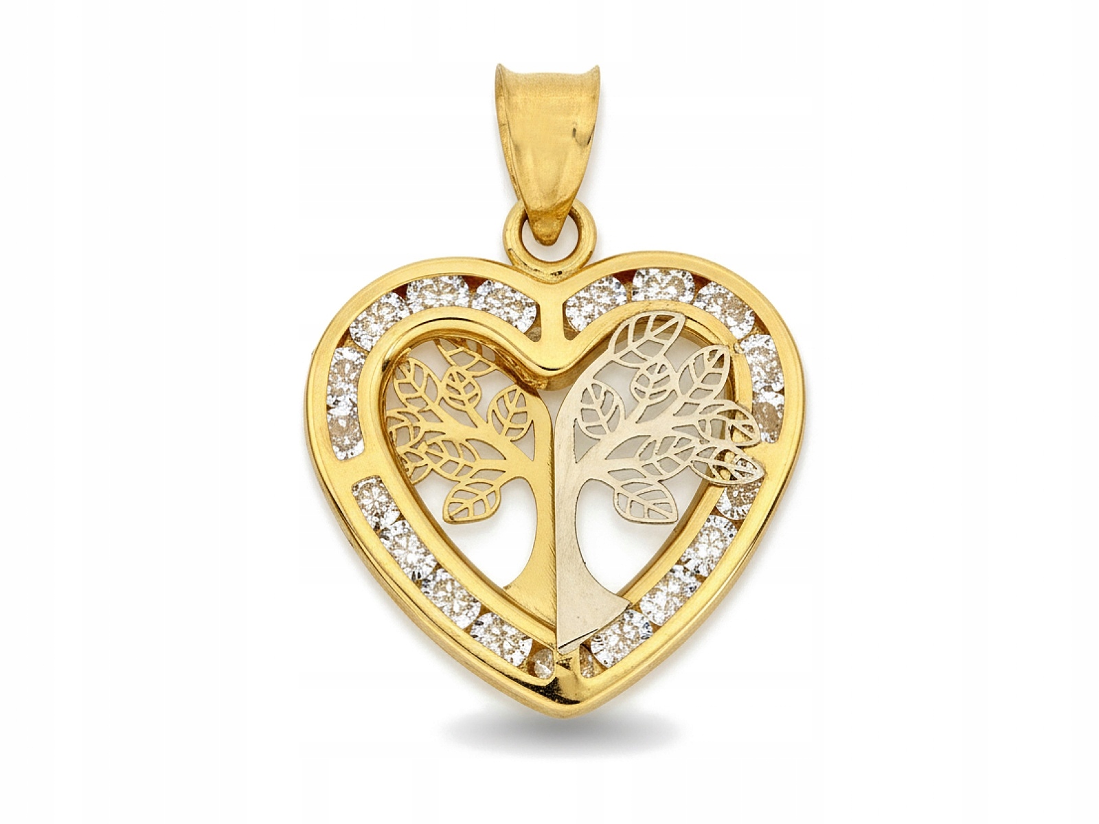 Přívěsek zlaté srdce s Dřevem života 585 a bílými Zirkony 1.15 g
