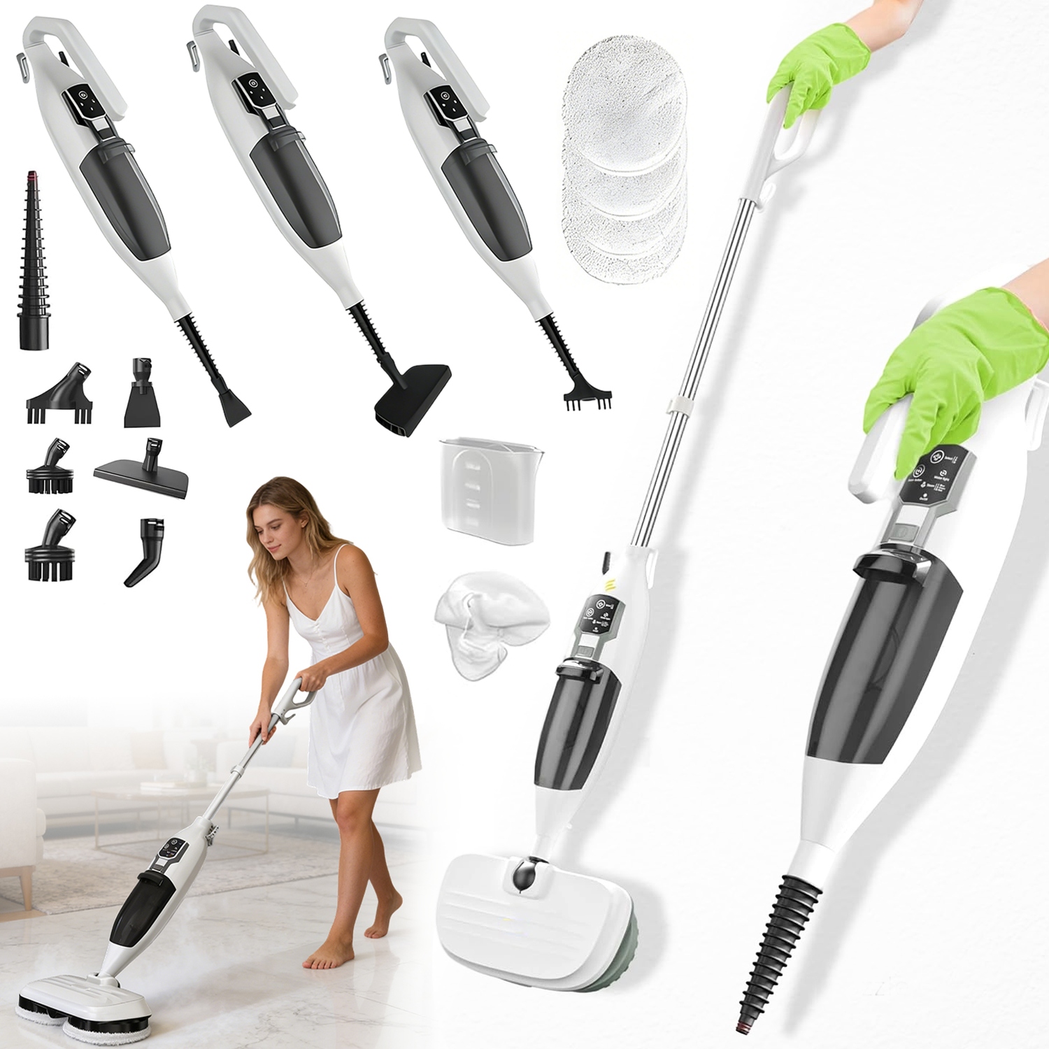 Myjka Parowa Mop Parowy Obrotowy 1300W 3 Poziomy 13 Akcesoriów 4 Nakładki