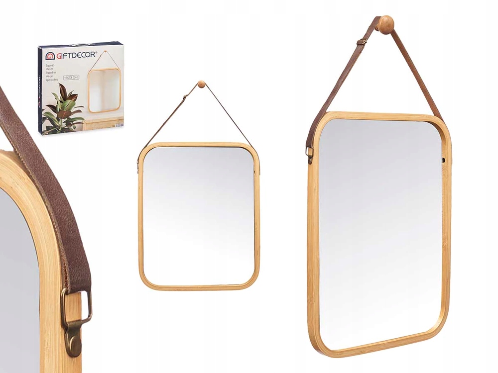 Zrcadlo Bambusové kožené pásy Obdélníkové 41x33 cm