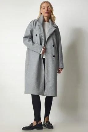 Dlouhý Šedý Dvouřadý Dámský Kabát S Klopami 100% Polyester 40 5GA