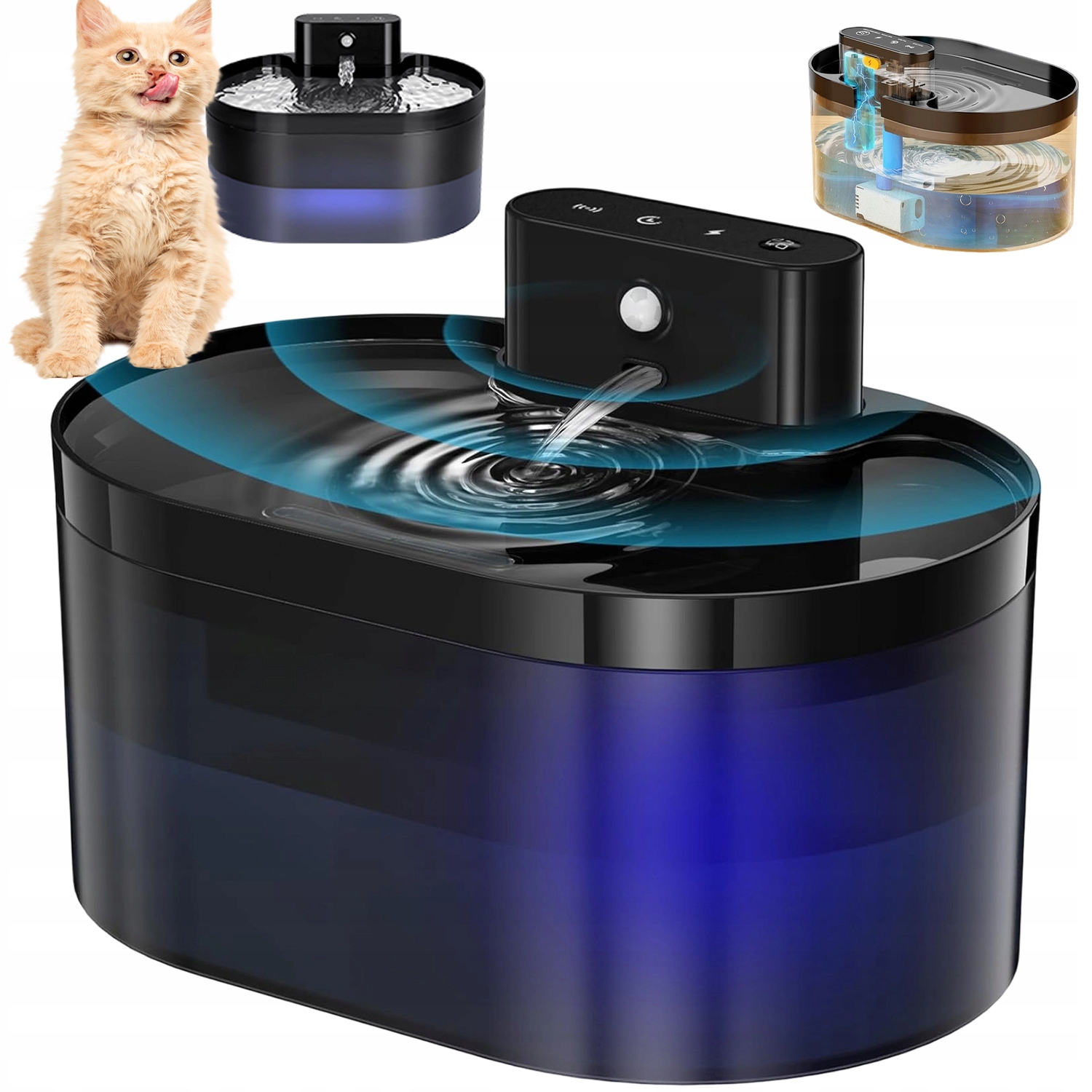 Levně napáječka s senzorem pro kočky led 2.2L fontána bezdrátová 3 režimy
