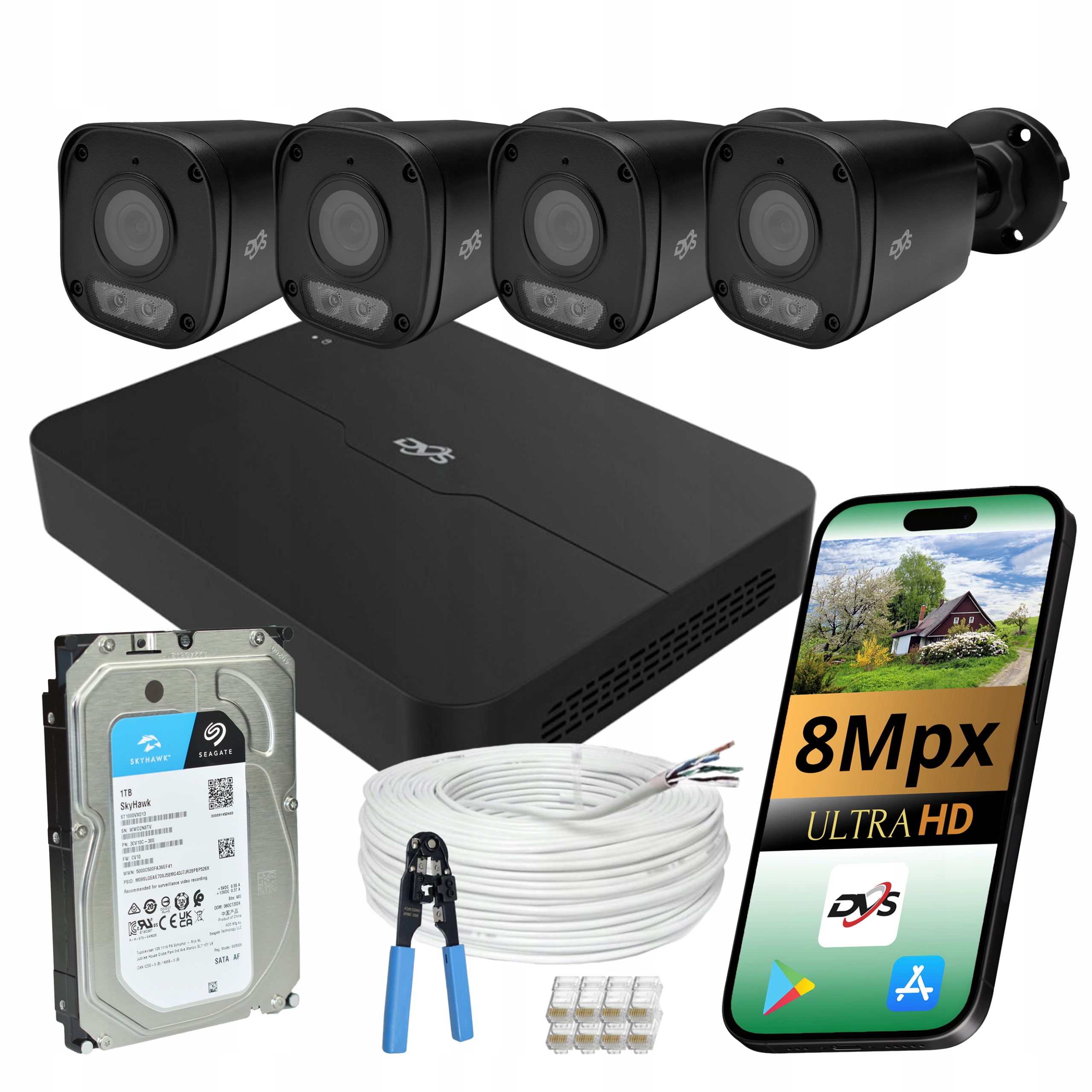 Sada Venkovního Monitorování Ip PoE 4x Kamera 8MPX Černý Led Mikrofon