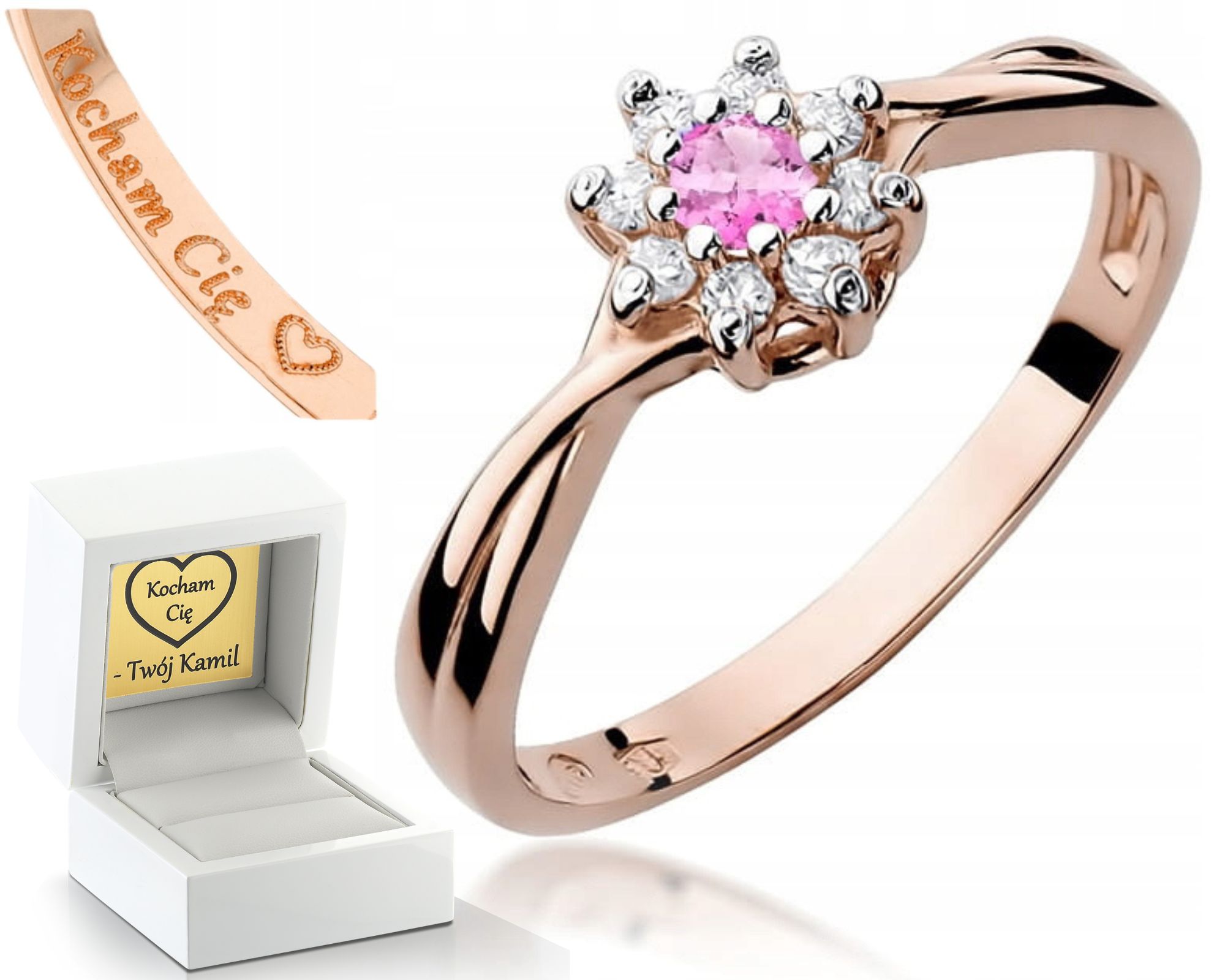 Růžové Zlato Prstýnek Růžový Topaz Diamanty Gravírování Dárek