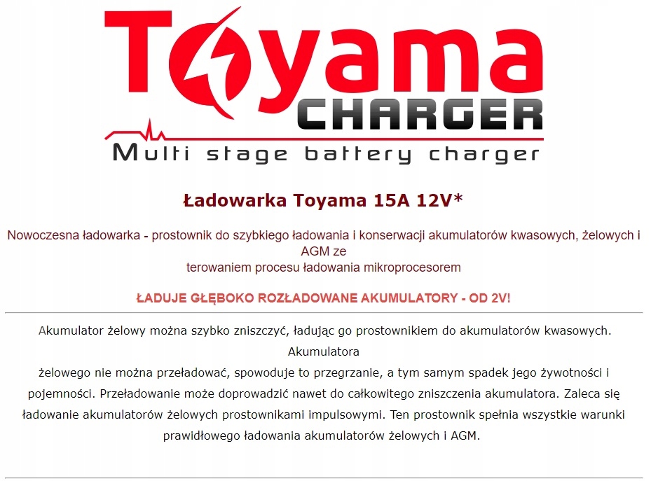 Ładowarka Toyama TBC 15A 12V do akum. AGM,żelowego Marka inna