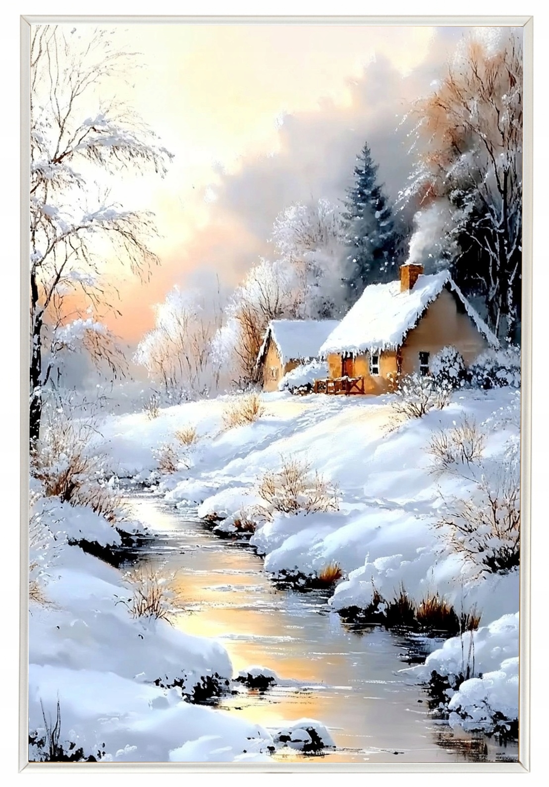Hliníkový Plakát Rámeček Krajina Zima Sníh Dům Chata Řeka Potok 40x60