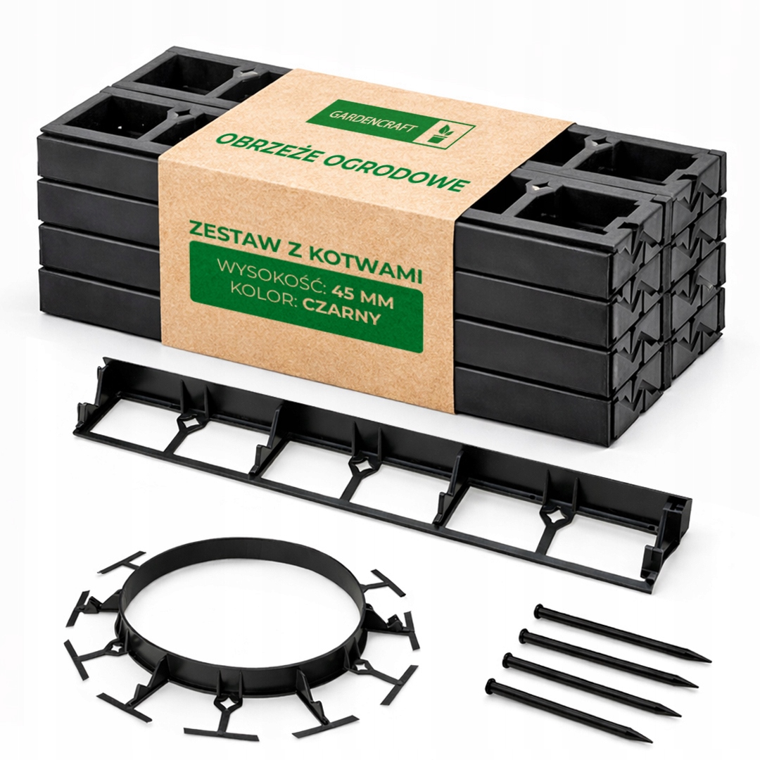 Zahradní Lem 20 m vysoký 45 mm Trávníkový Palisáda Eko Border černý kotvy