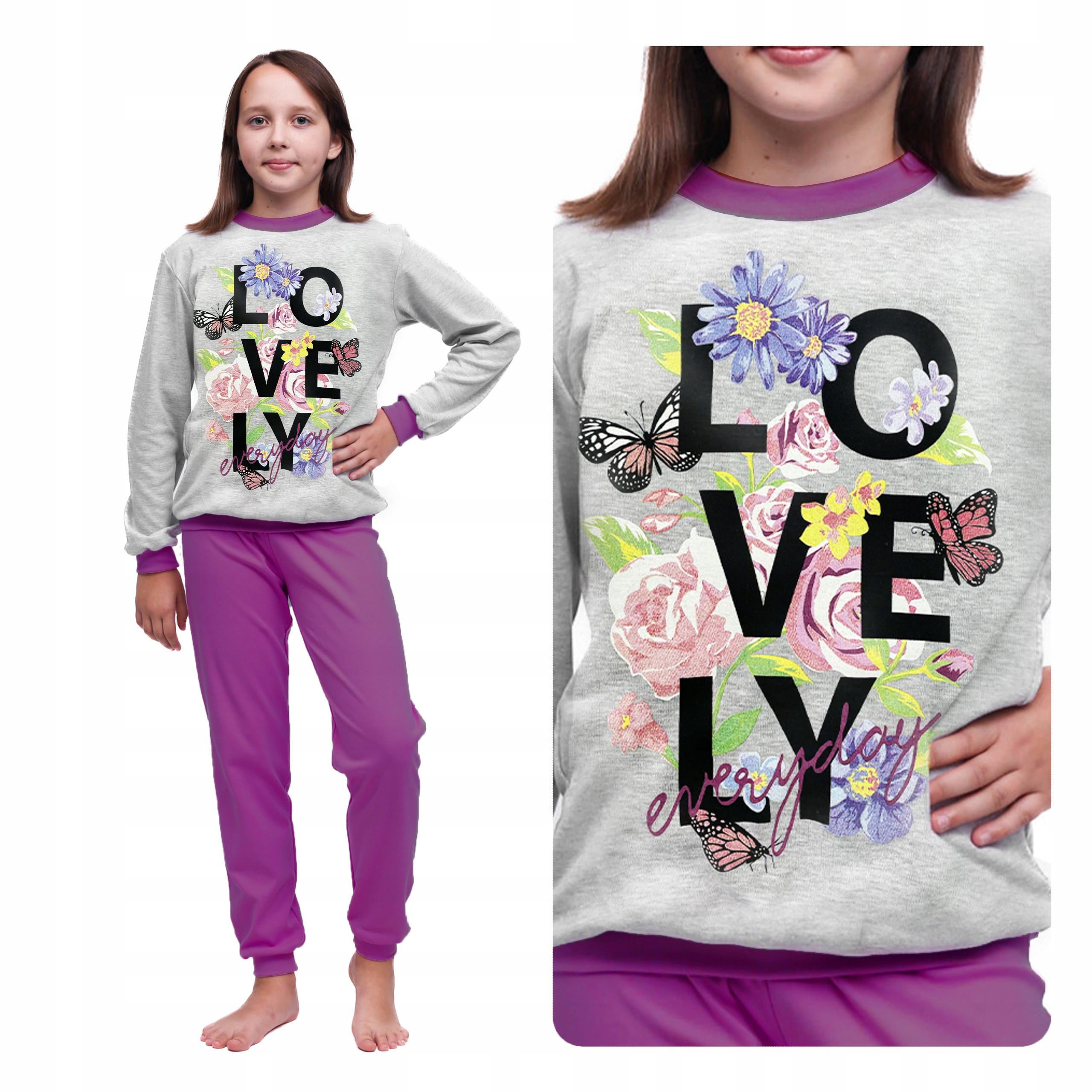 

Piżama 100% Bawełna Napis Lovely Druk Róż SZARY158