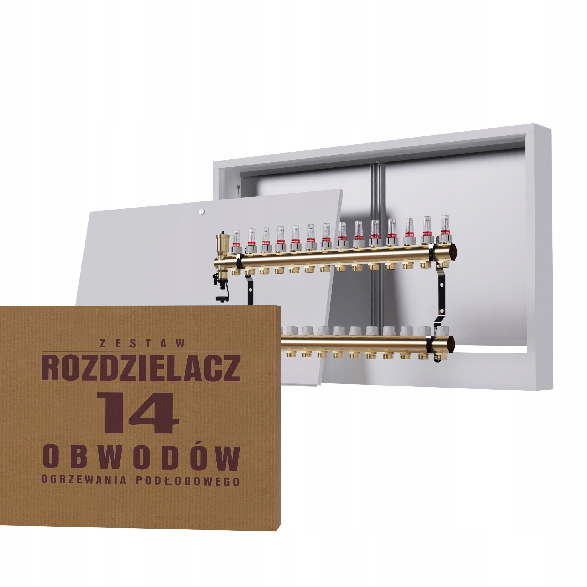 Mosadzný 14-obvodový rozdeľovač na podlahu a nástenná skrinka, biela farba