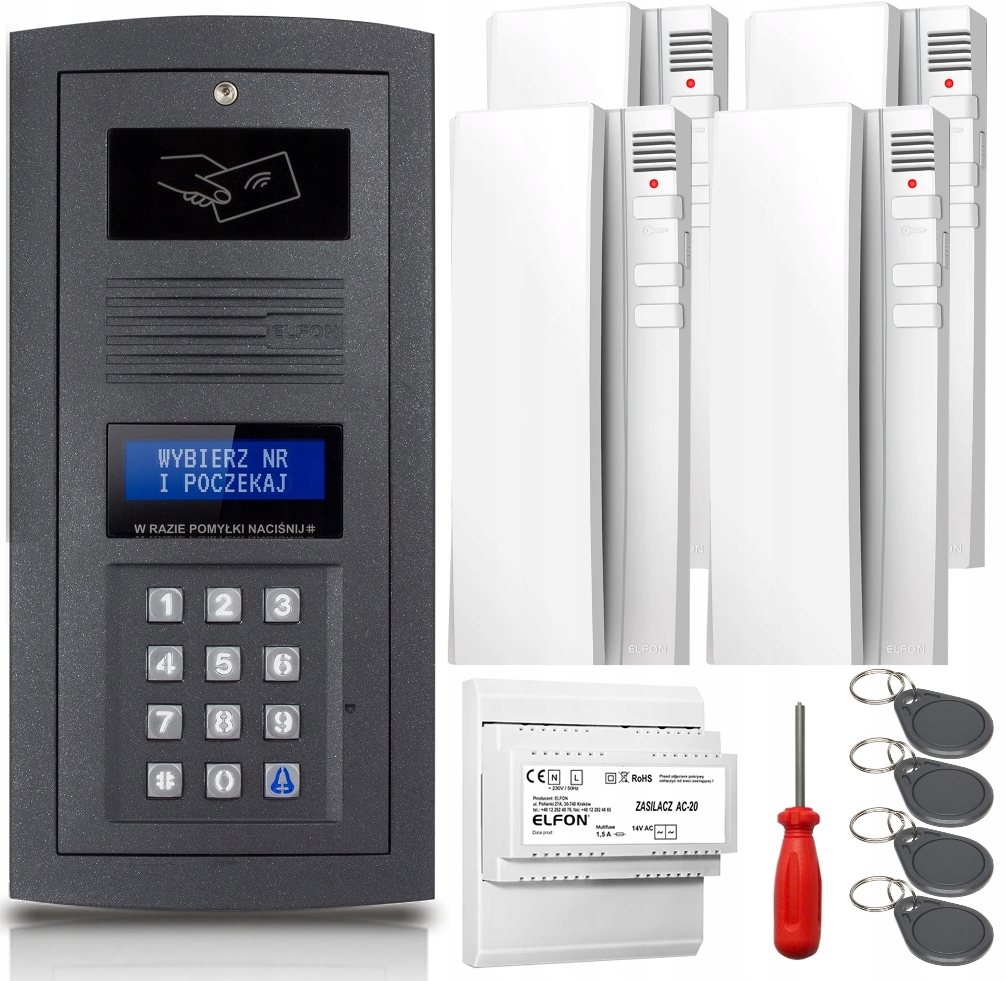 4x Domofonový set Elfon OP-255R-G Digitálny nástenný biely prívesok na kľúče