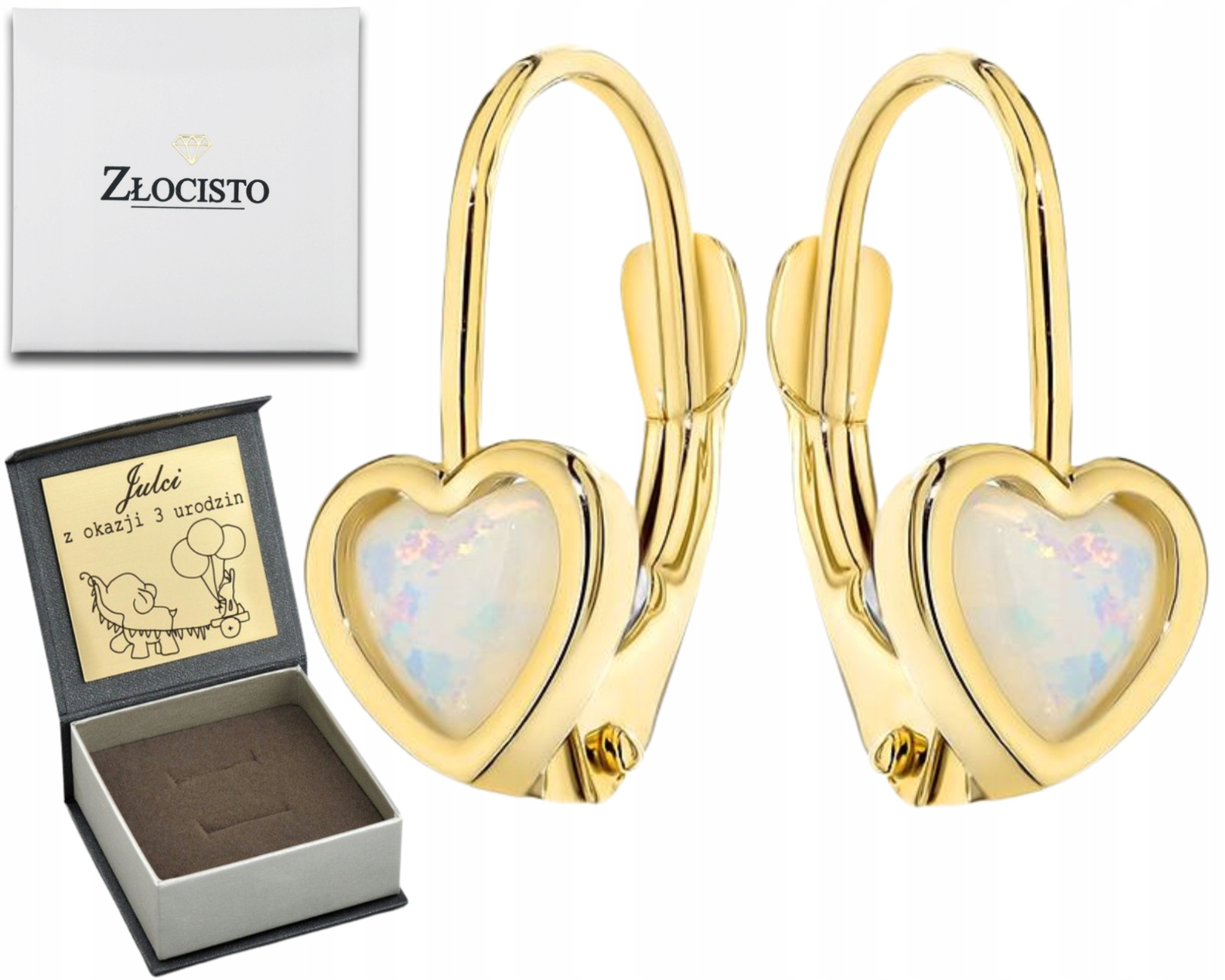 Zlaté Náušnice Srdce Kámen Opalit Anglické Zapínání Zlato 585 Dárek