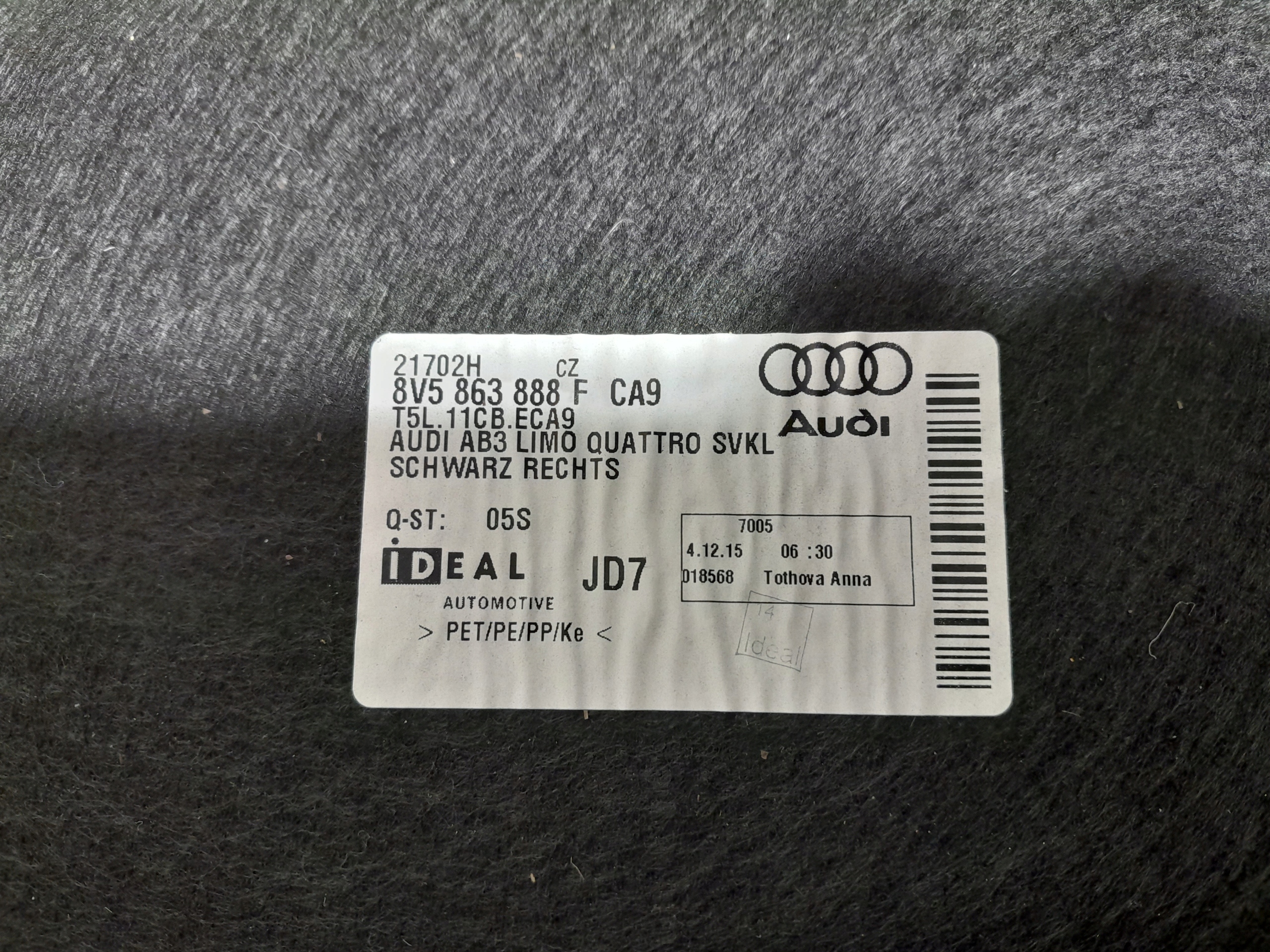 AUDI A3 S3 8V sedan boot upholstery 8V5863888F