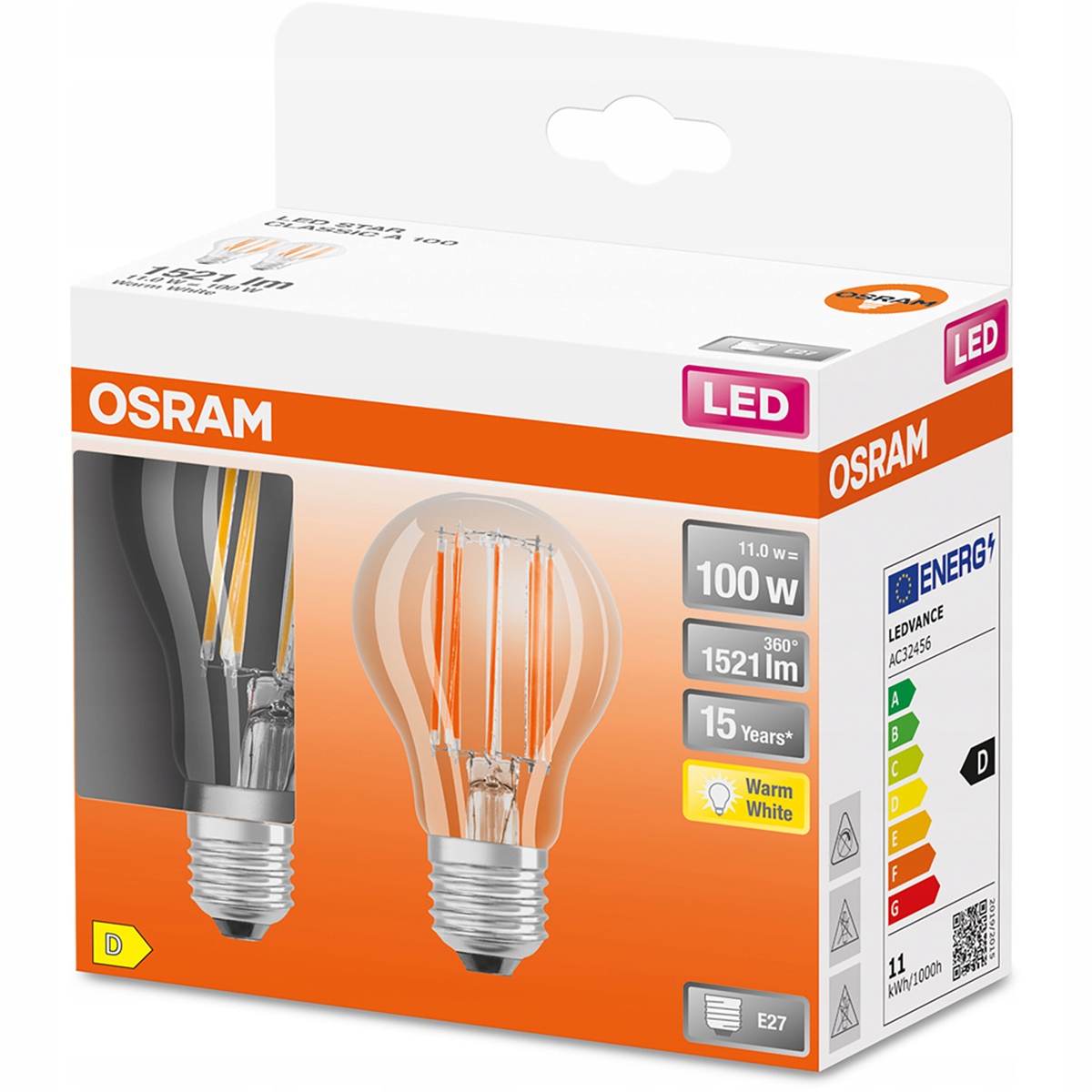 2x Żarówka LED E27 A60 11W 100W 1521lm 2700K OSRAM