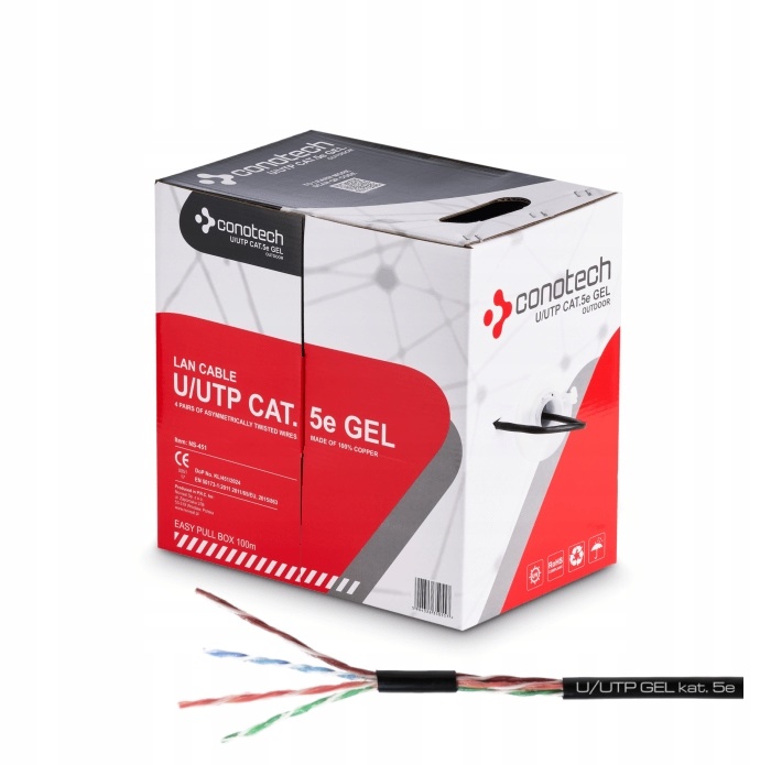 Kabel skrętka Przewód U/utp Conotech Cu kat.5e Gel-pe NS-451 100m