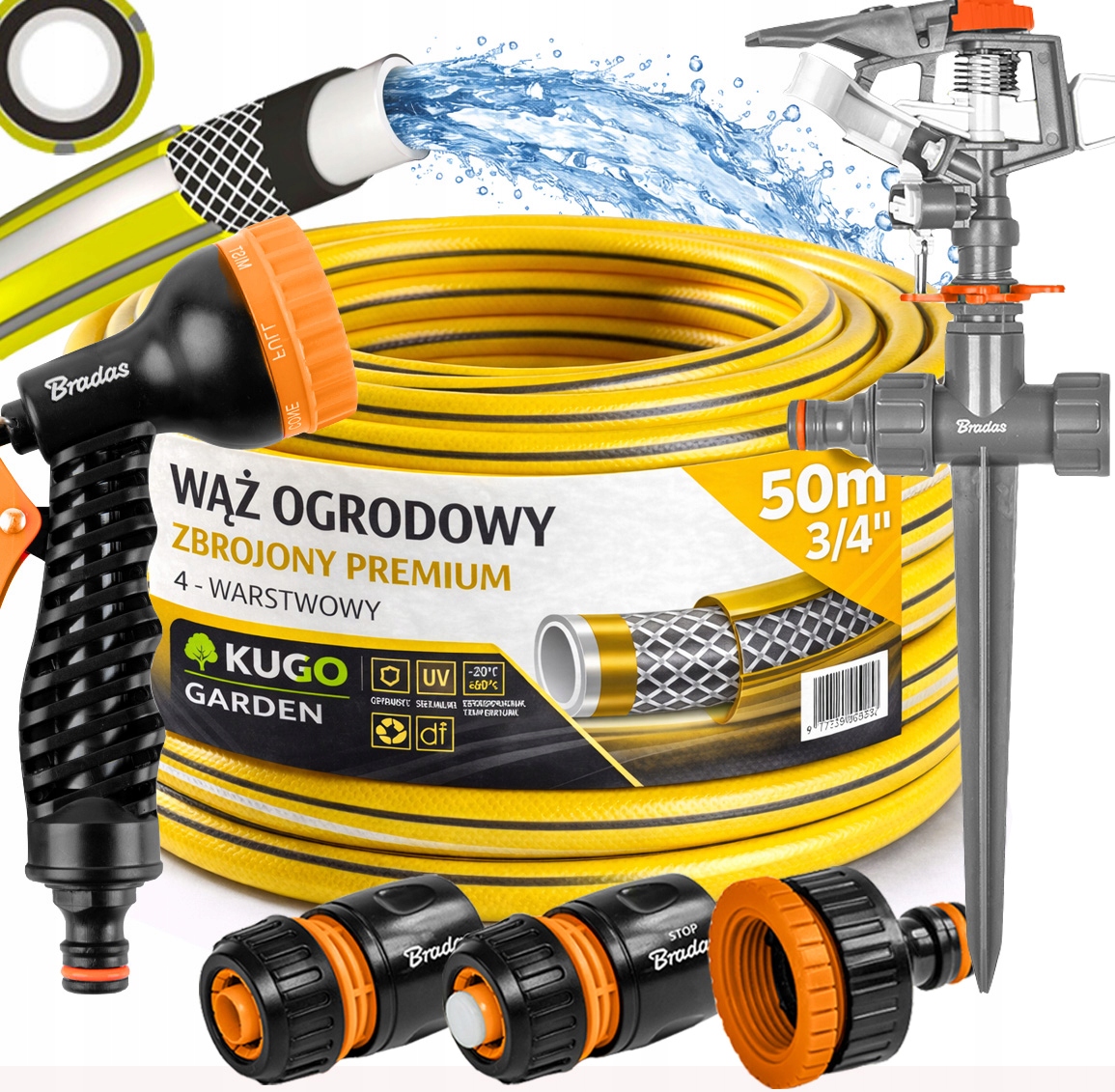 Hadice 3/4" 50 m 4 Vrstvy Premium Gun Zavlažovač Set Bradas