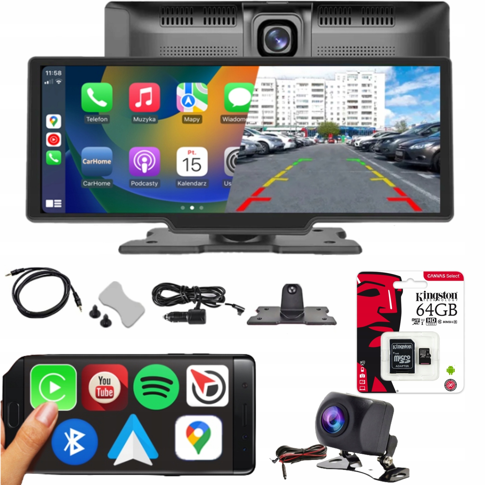 RADIO MONITOR APPLE CARPLAY ANDROID AUTO KAMERA COFANIA WIDEOREJESTRATOR