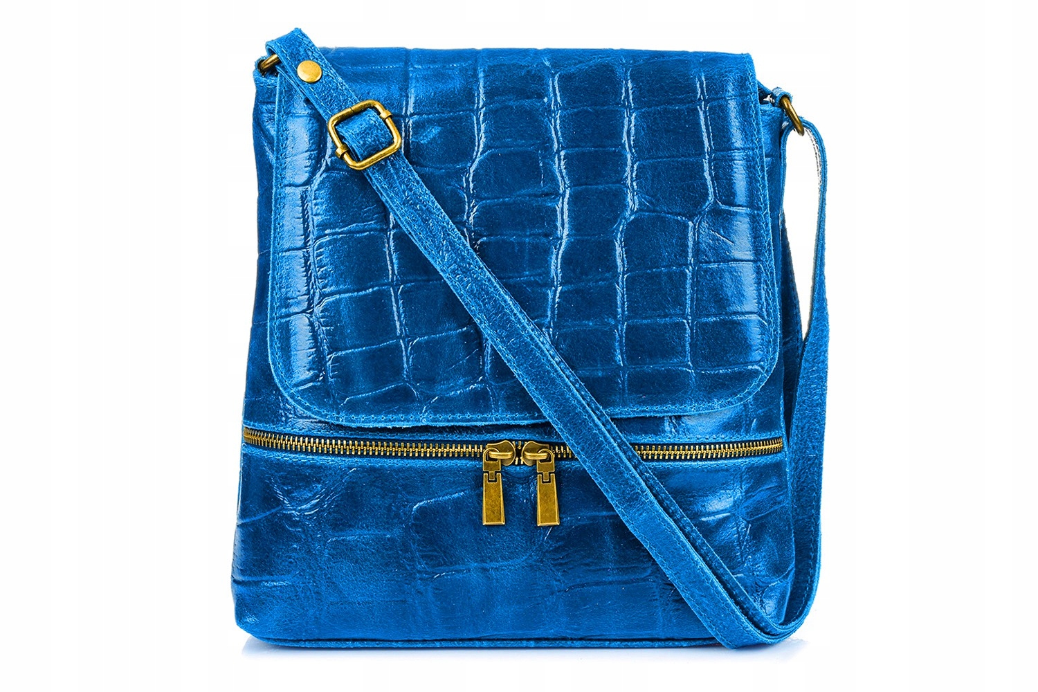 Modrá dámská kožená italská Kabelka Přes Rameno s vertikální klopou Croco B69