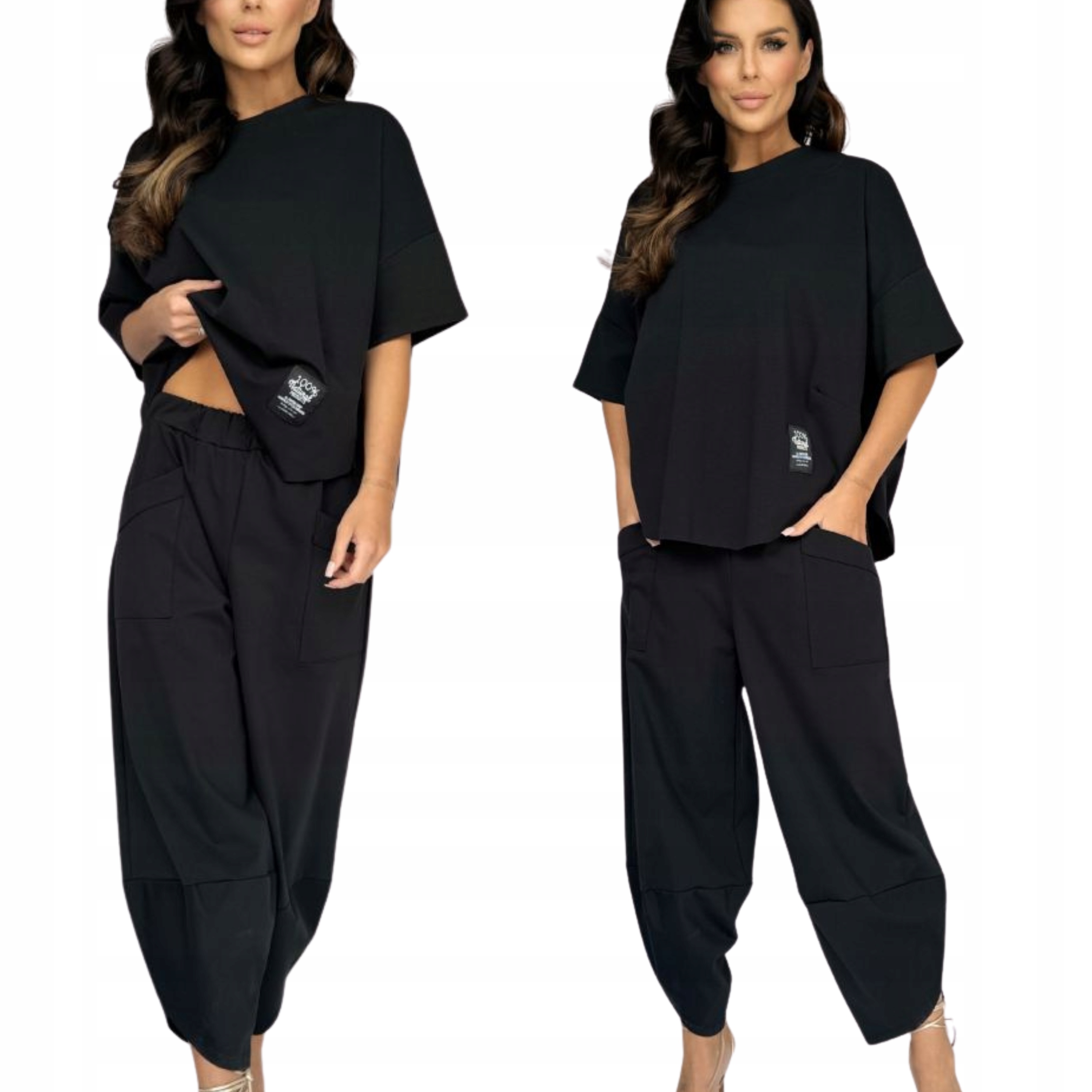 Komplet Damski Dres Spodnie Bluzka Bluza Oversize Luźny Bawełna Czarny 2890