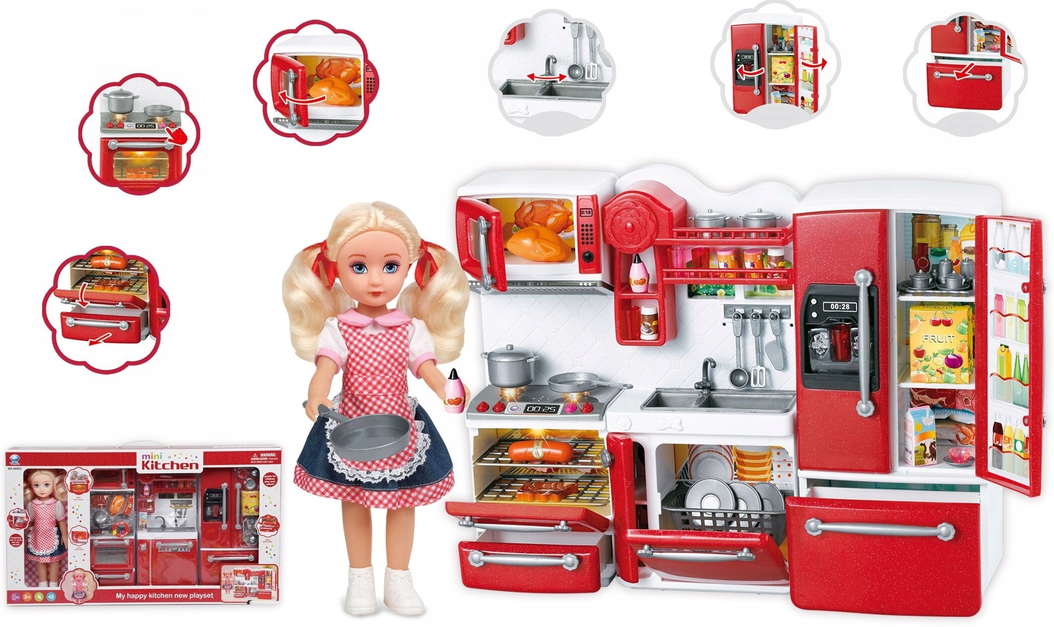 KUCHNIA DLA LALEK MEBLE DO DOMKU CZERWONA + LALKA Marka ACR